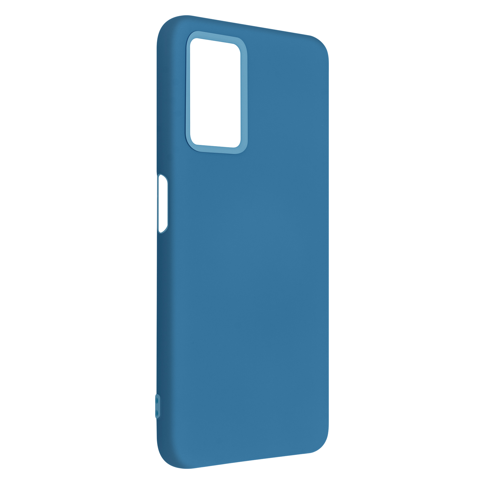 Een blauw telefoonhoesje. Het heeft camera-openingen en zijknoppen.
