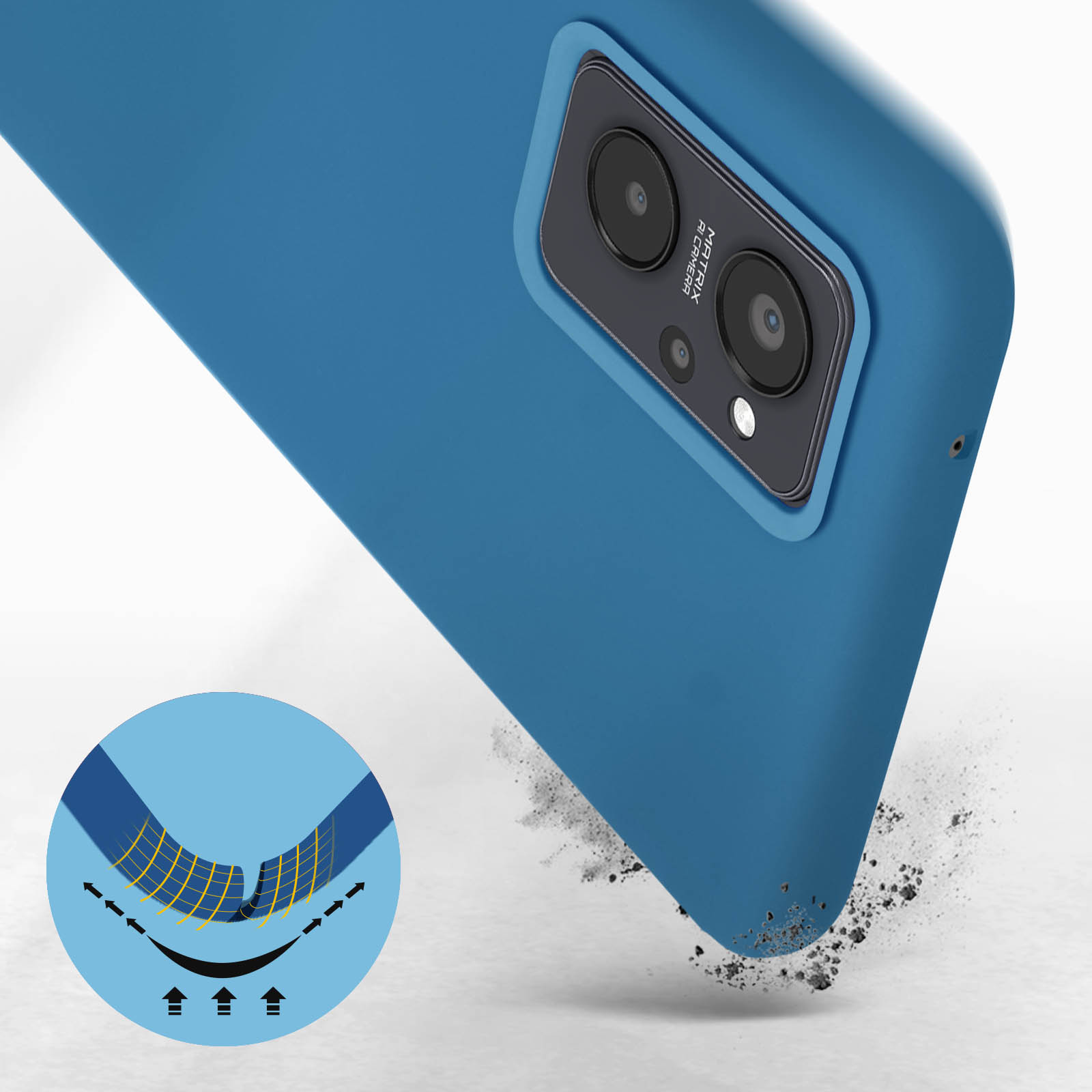 Blauwe telefoonhoes close-up met cameralenzen en stofdeeltjes.