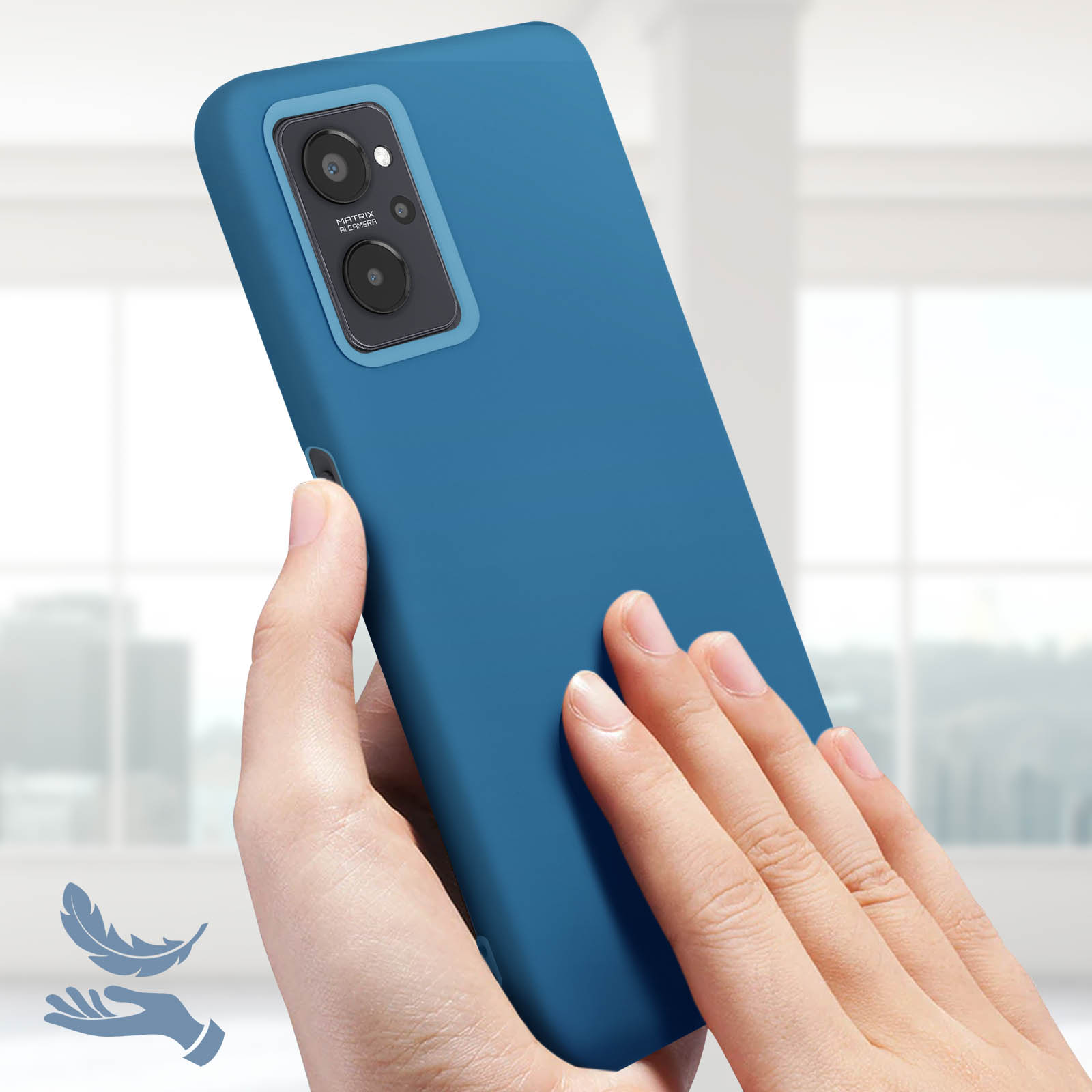 Hand die een blauwe telefoon vasthoudt. De telefoon heeft een camera. Een veerpictogram staat op de achtergrond.