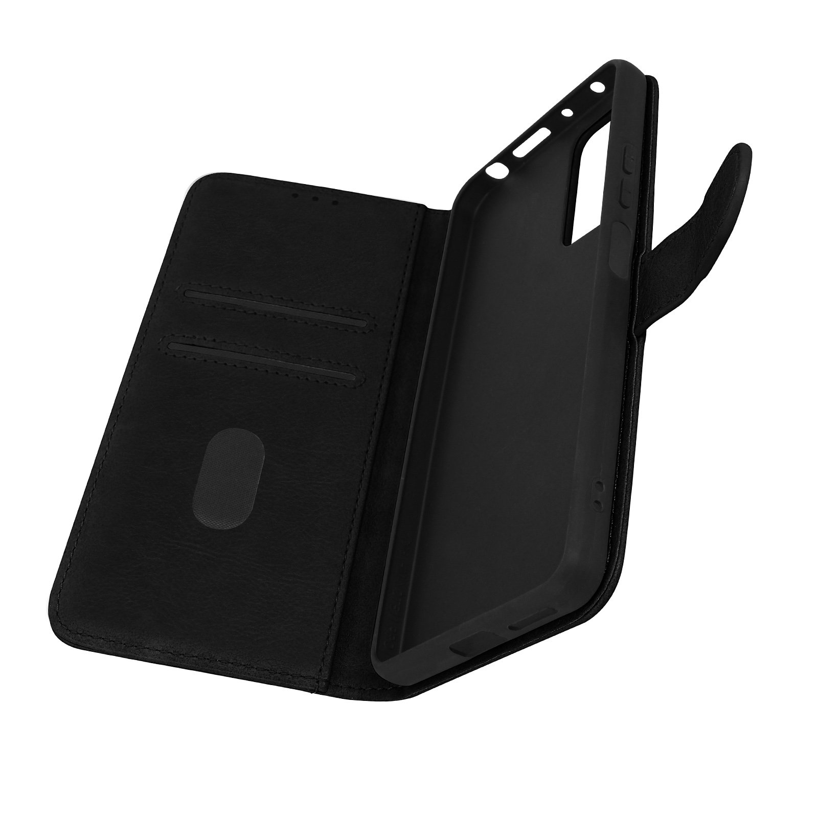 Custodia per telefono nera, aperta. L'interno è nero, la custodia ha slot per carte, l'esterno è in pelle.