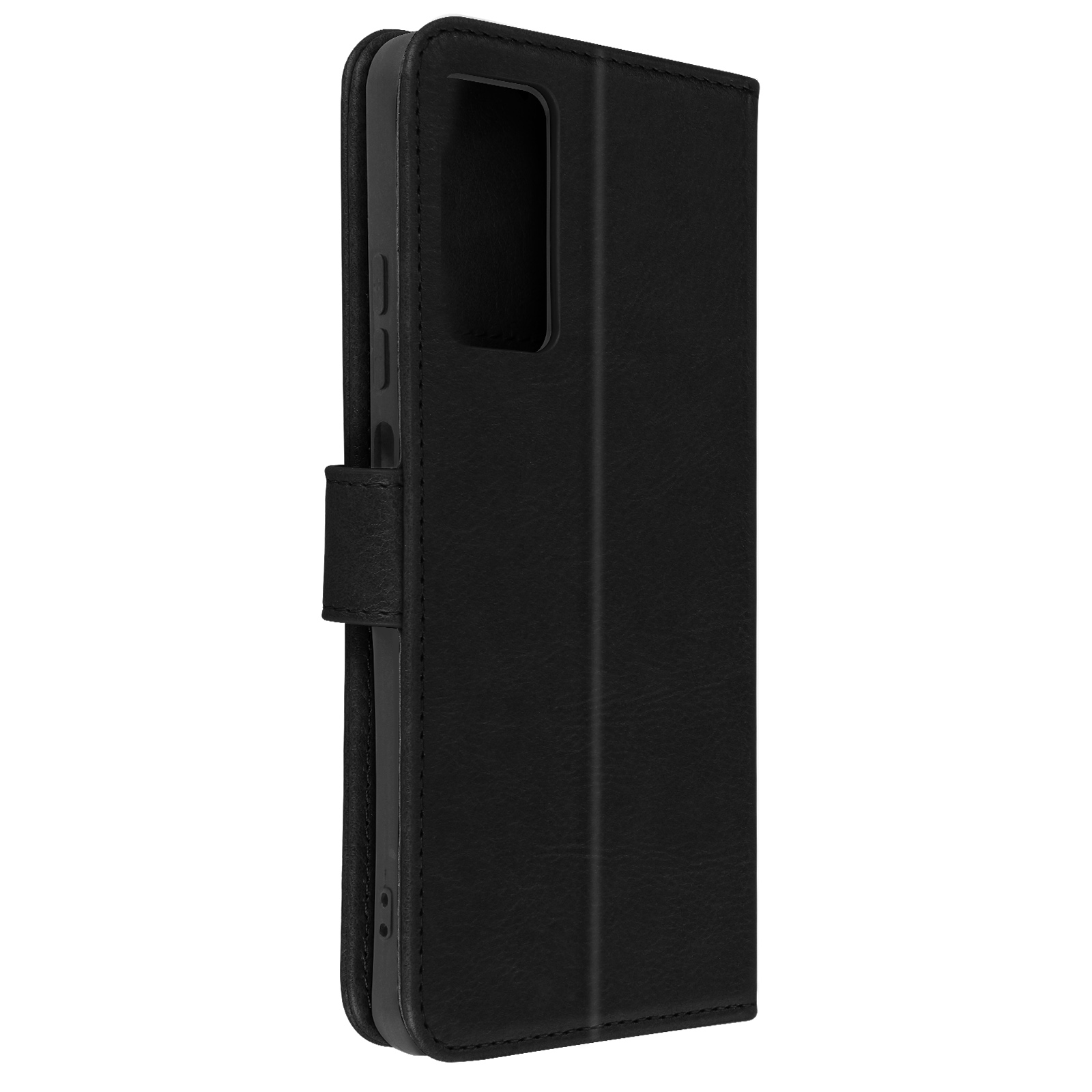 Una custodia per telefono nera chiusa con chiusura magnetica, ripresa da un'angolazione laterale contro uno sfondo chiaro.
