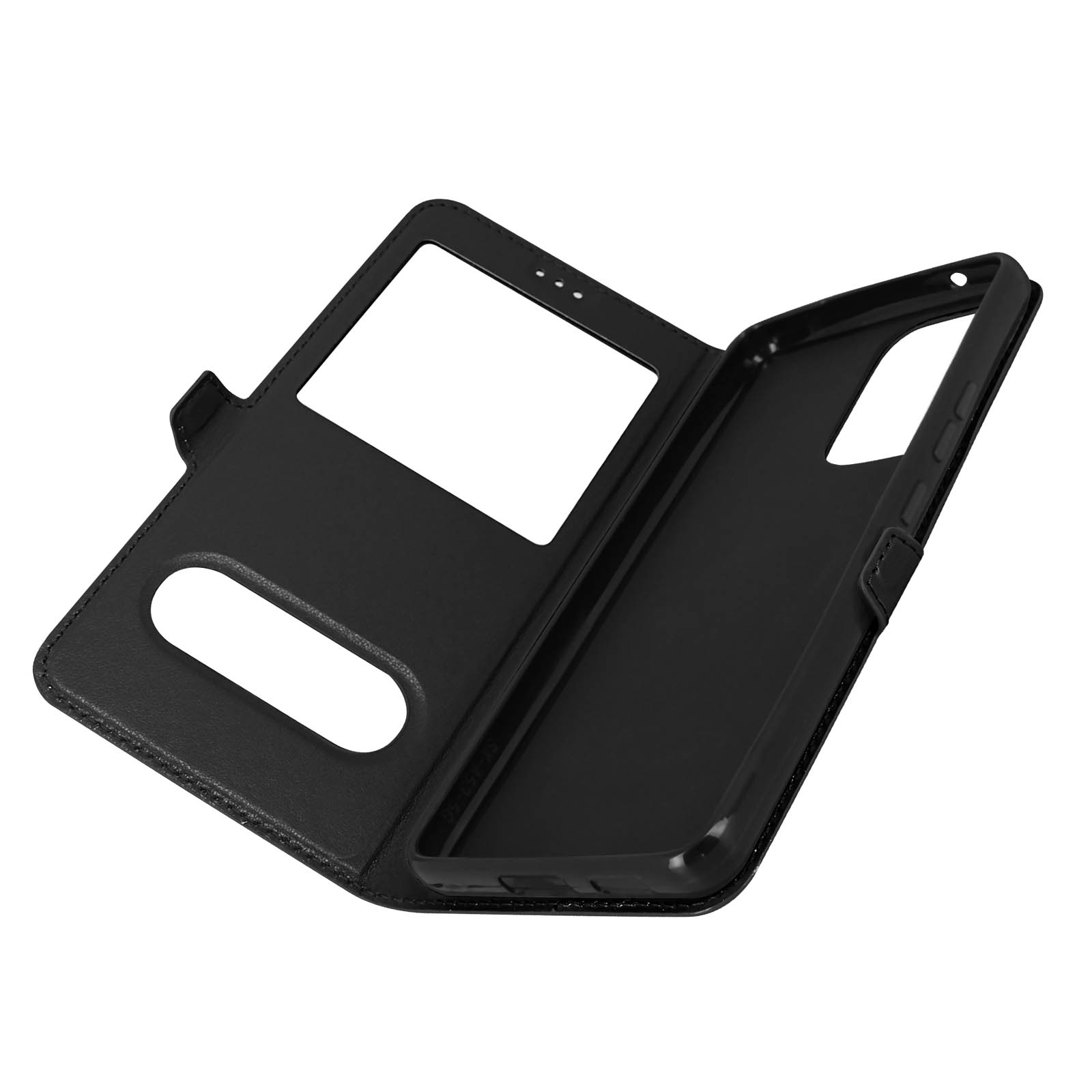 Coque de téléphone ouverte avec fenêtre. L'intérieur est noir. Fenêtre et découpe caméra. Similicuir noir.