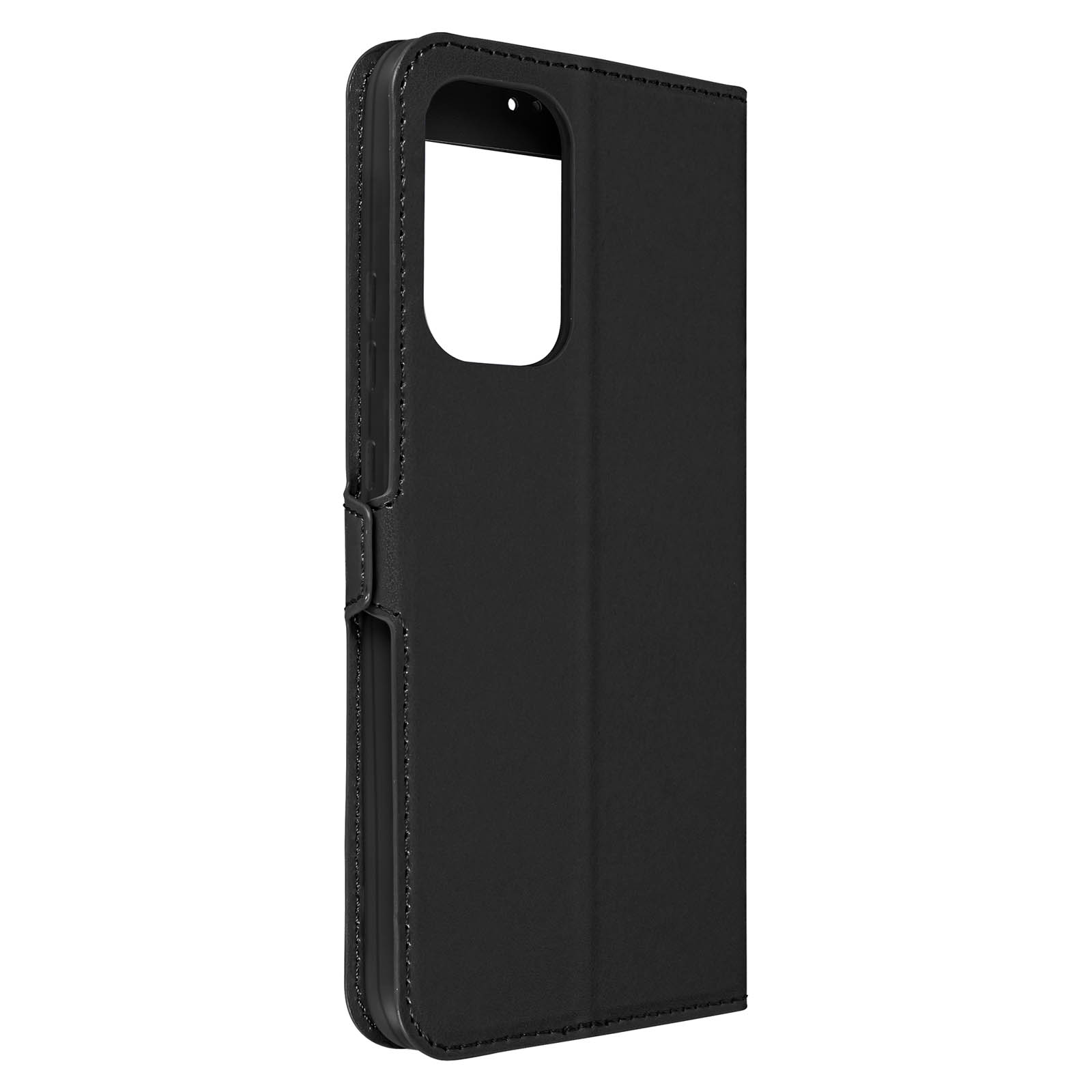 Coque de téléphone noire fermée, vue latérale. Les coutures sont visibles sur les bords.