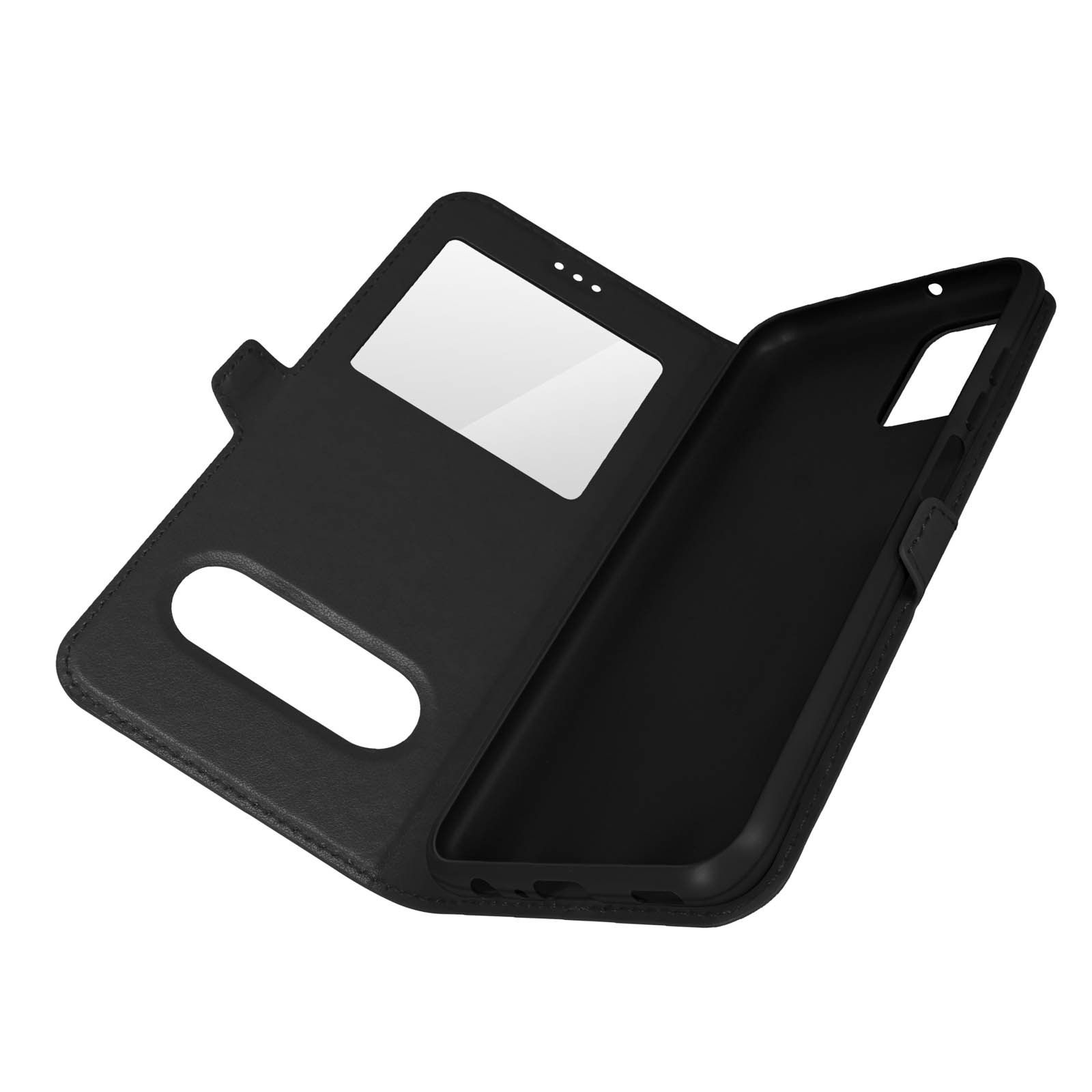 Coque de téléphone noire, ouverte. Téléphone à l'intérieur. Couvercle avant avec fenêtre. Intérieur noir.