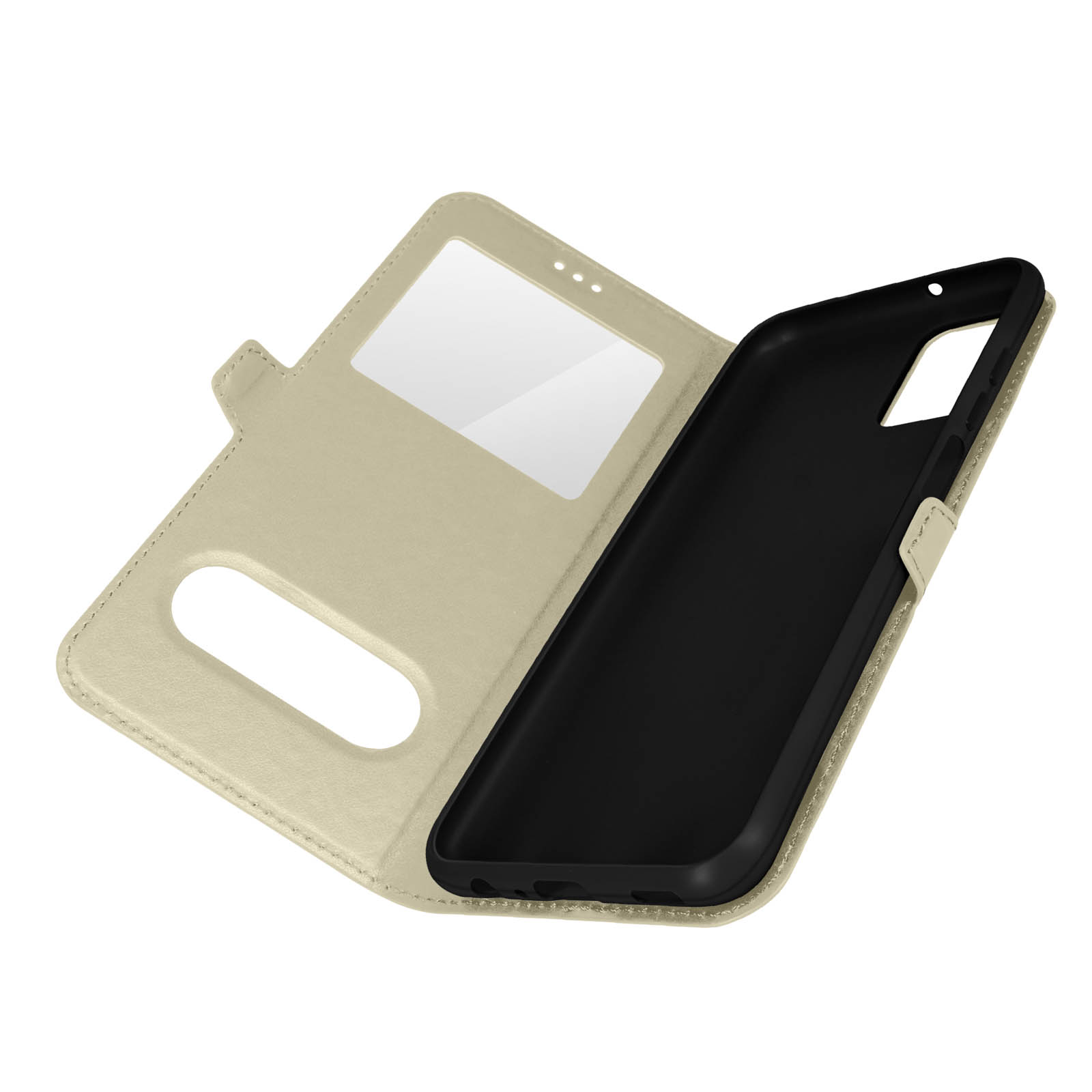 Un étui de téléphone avec un protecteur d'écran. Il est marron clair et ouvert, l'écran est visible.