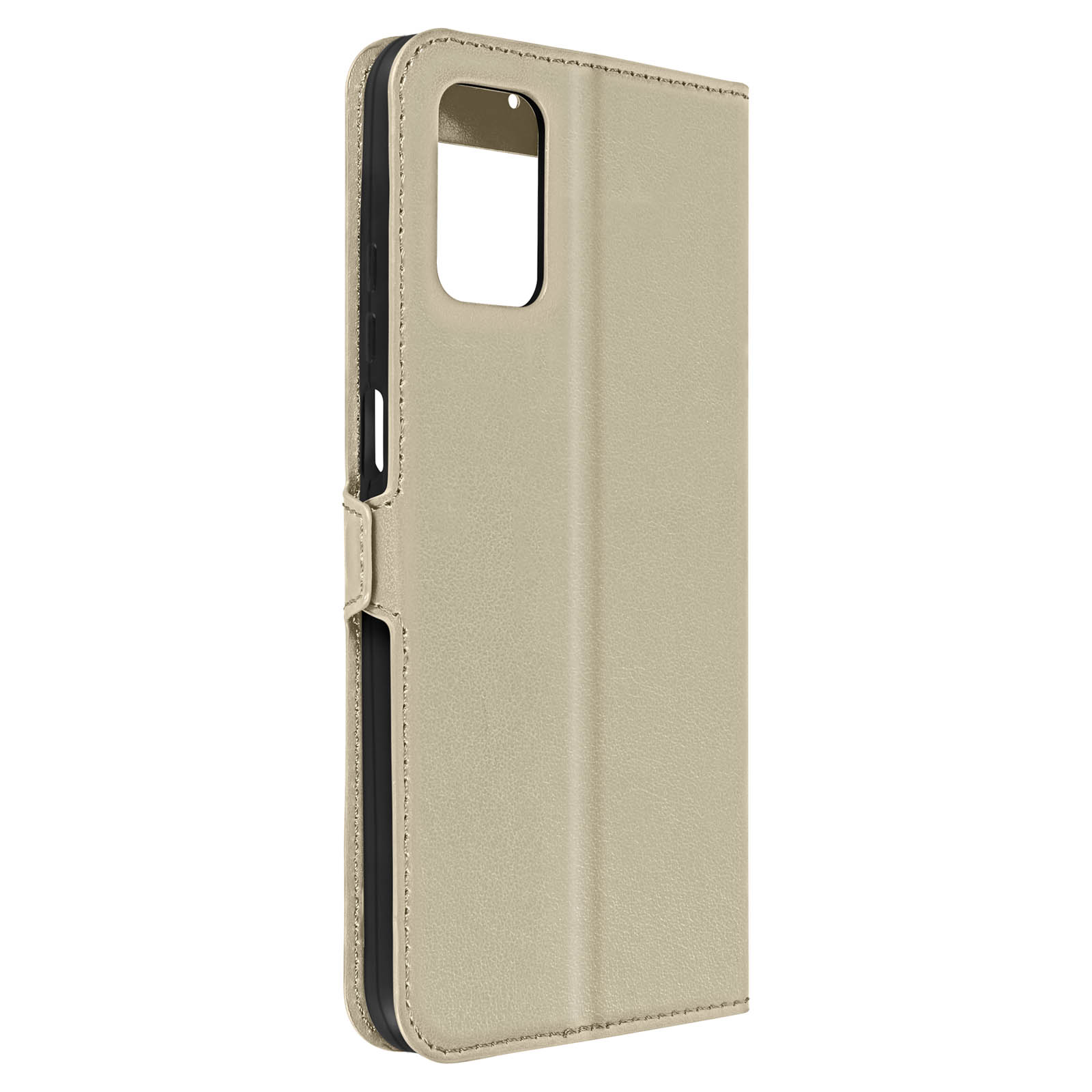 Coque beige fermée. L'étui est simili cuir, avec une fermeture magnétique.