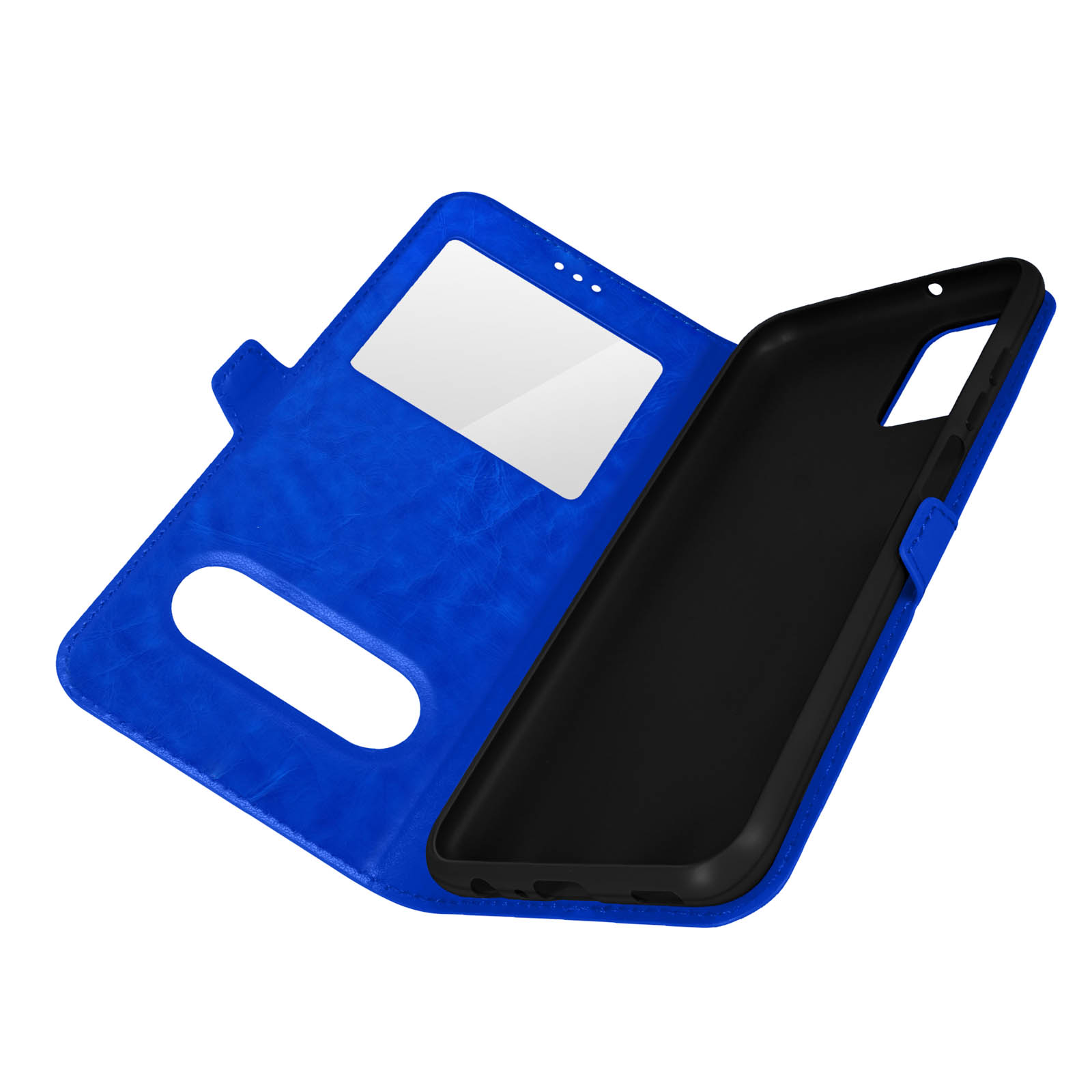 Coque de téléphone bleue, ouverte. À l'intérieur se trouve une coque noire. La coque a une fenêtre.