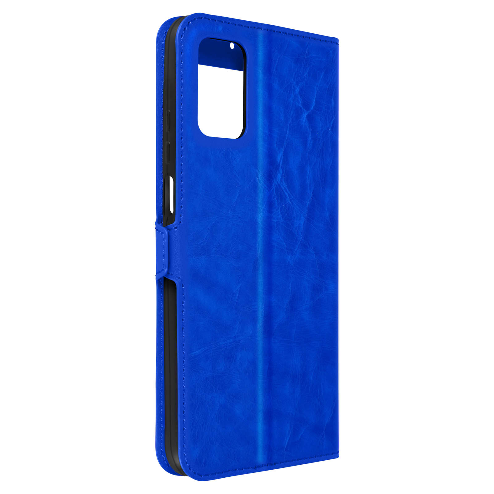 Étui de téléphone bleu, fermé, avec découpe caméra et flash, sur fond blanc.