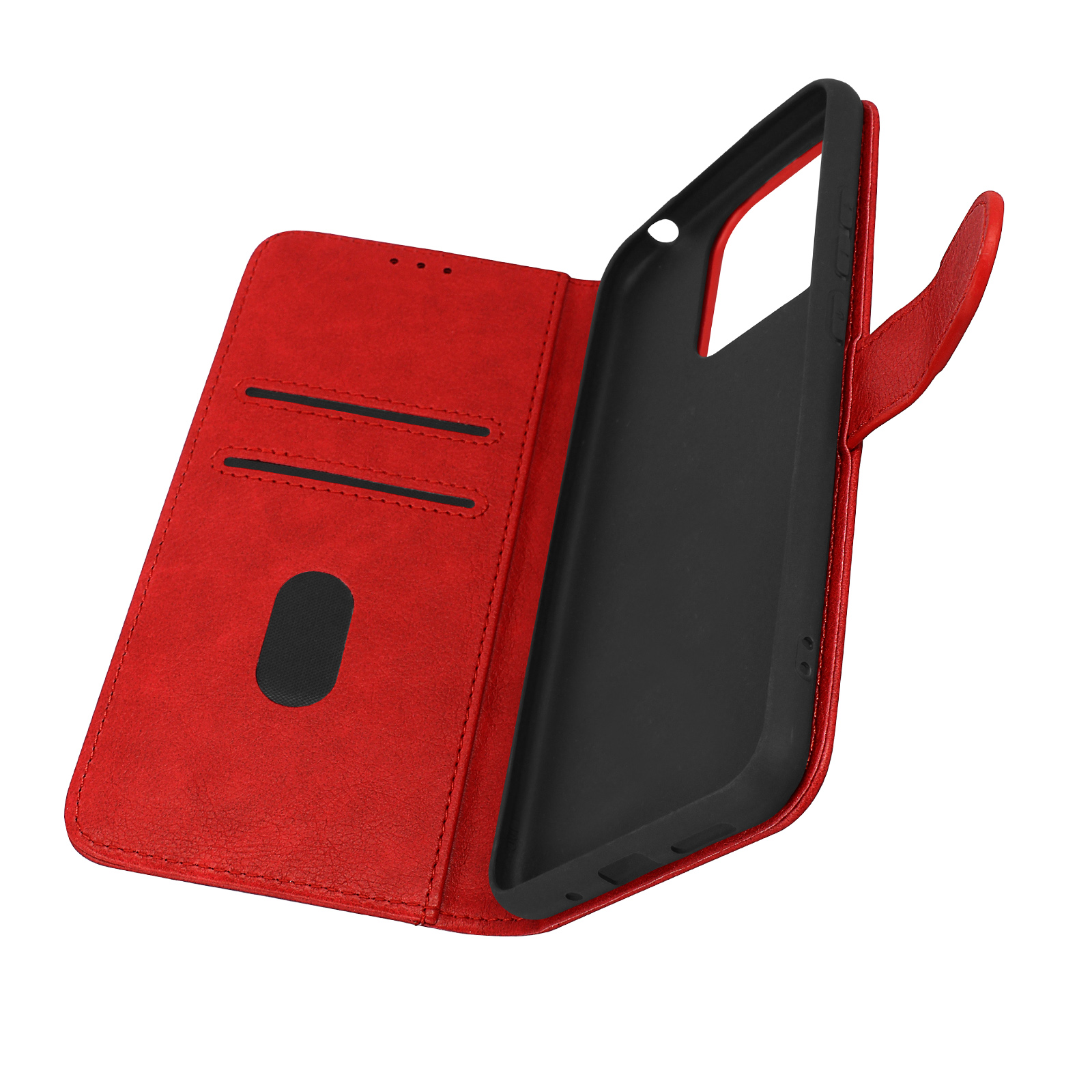 Custodia per telefono in pelle rossa, aperta, che mostra il telefono in una custodia nera e fessure per carte su bianco.