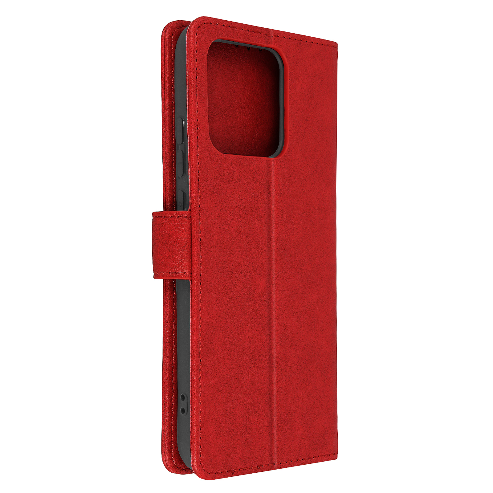 Custodia rossa con telefono all'interno. La custodia è a portafoglio e chiusa.