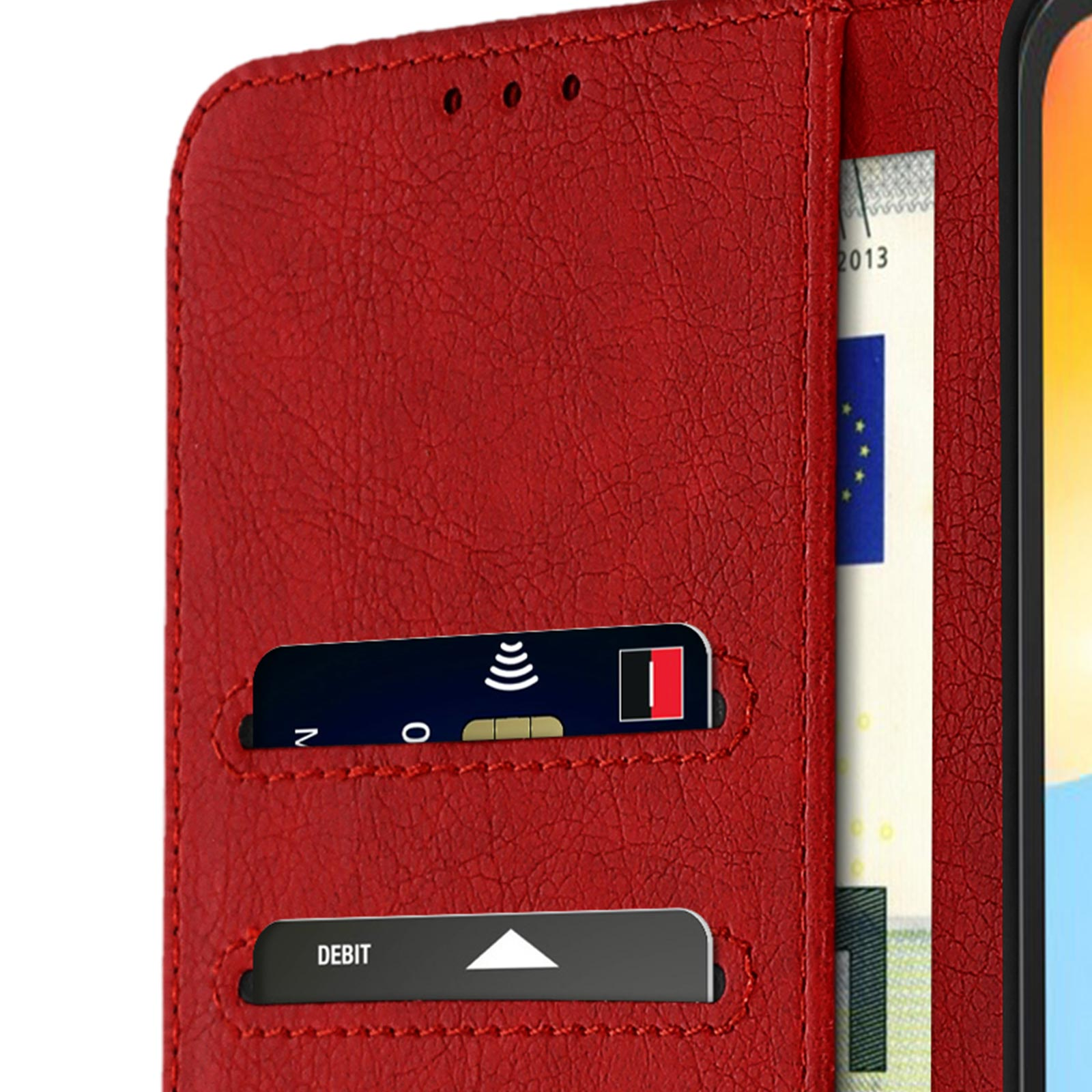 Custodia rossa con carte di credito, denaro e fessura per carta di debito.