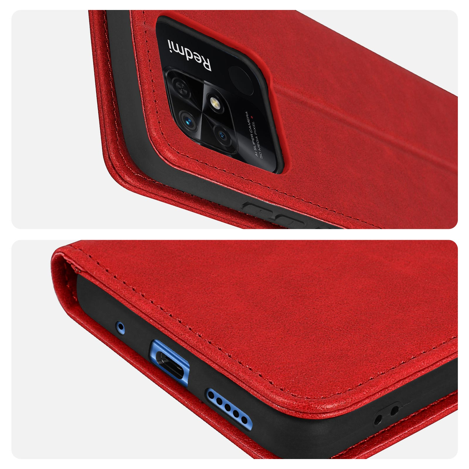 Custodia rossa per telefono in due viste: superiore e inferiore. Fotocamera e porta di ricarica visibili.