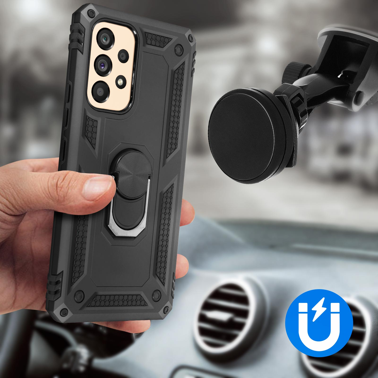 Custodia per telefono nera con anello di supporto, tenuta da una mano in un'auto.