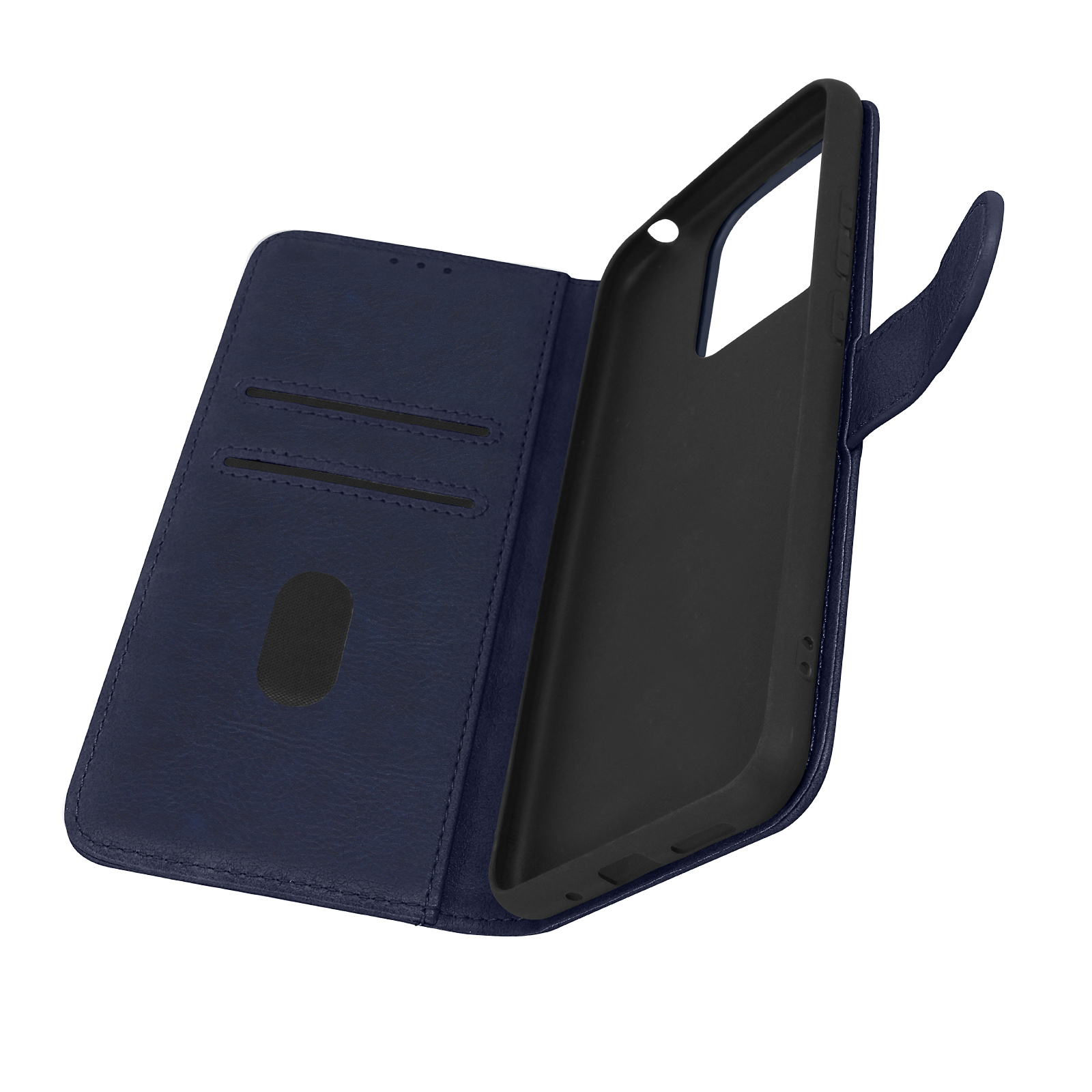 Custodia blu scuro per telefono aperta, con fessure per schede e supporto per telefono.