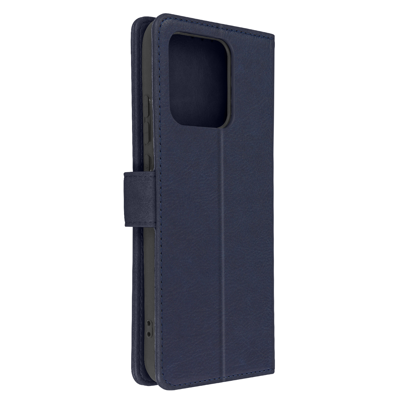 Custodia blu scuro, chiusa, con chiusura magnetica. Appoggiata su un tavolo.