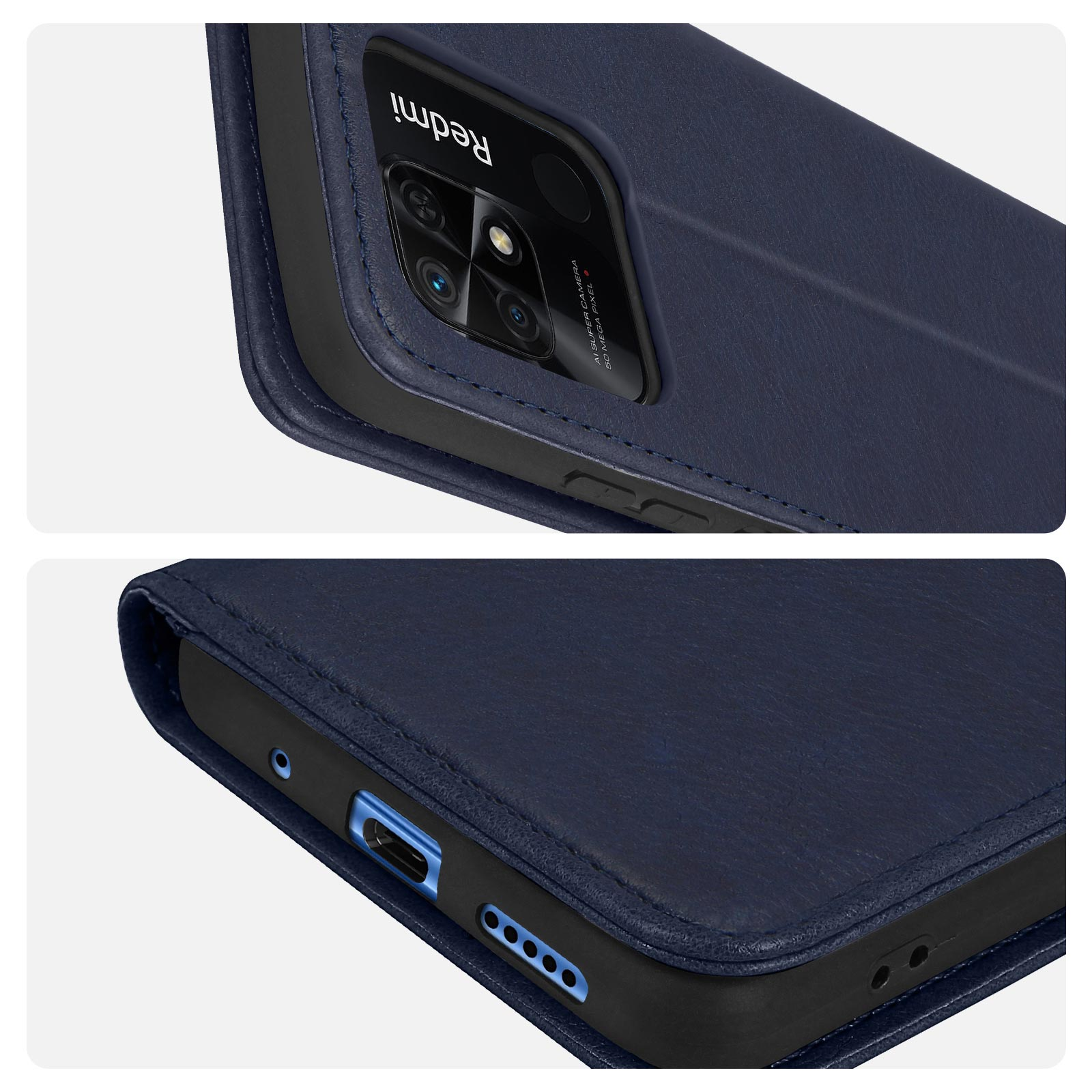 Primo piano di una custodia per telefono in pelle blu, con un telefono all'interno. Il logo Redmi è visibile.