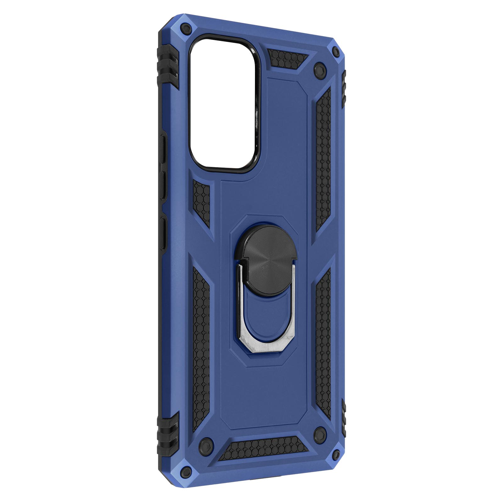 Una custodia per telefono blu robusta con un anello. Ha un design a nido d'ape.