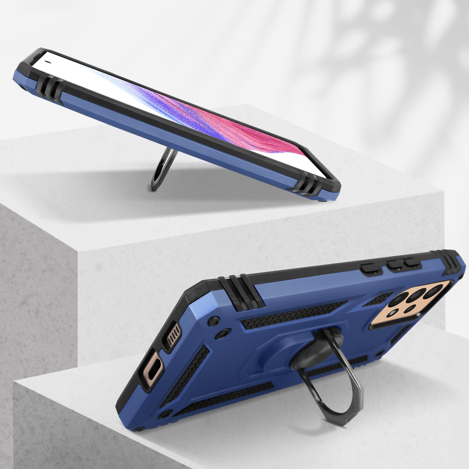 Una custodia blu per telefono con cavalletto. Due viste mostrano la custodia in diverse orientazioni.