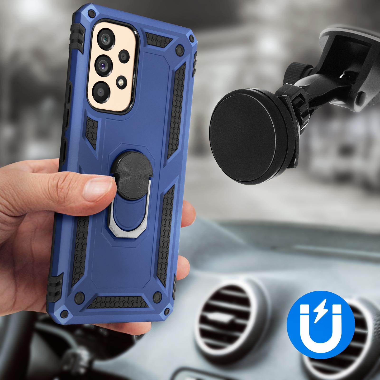 Una custodia blu con un telefono all'interno e un supporto per telefono per auto. Lo sfondo è un interno auto.