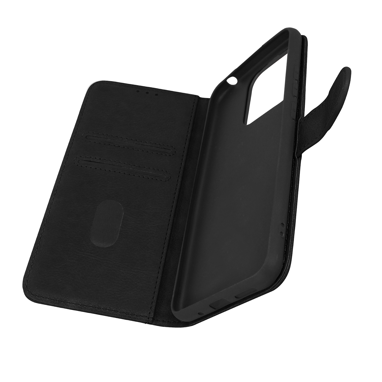 Custodia a portafoglio in pelle nera per telefono aperta, con fessure per carte e telefono.
