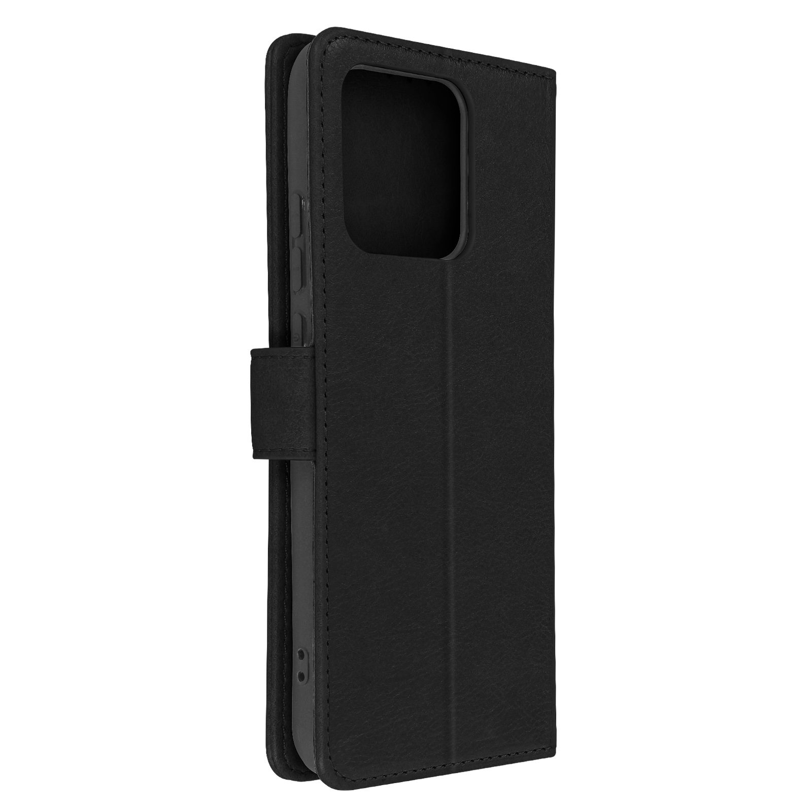 Una custodia a portafoglio in pelle nera per un telefono, chiusa. Il telefono non è visibile.
