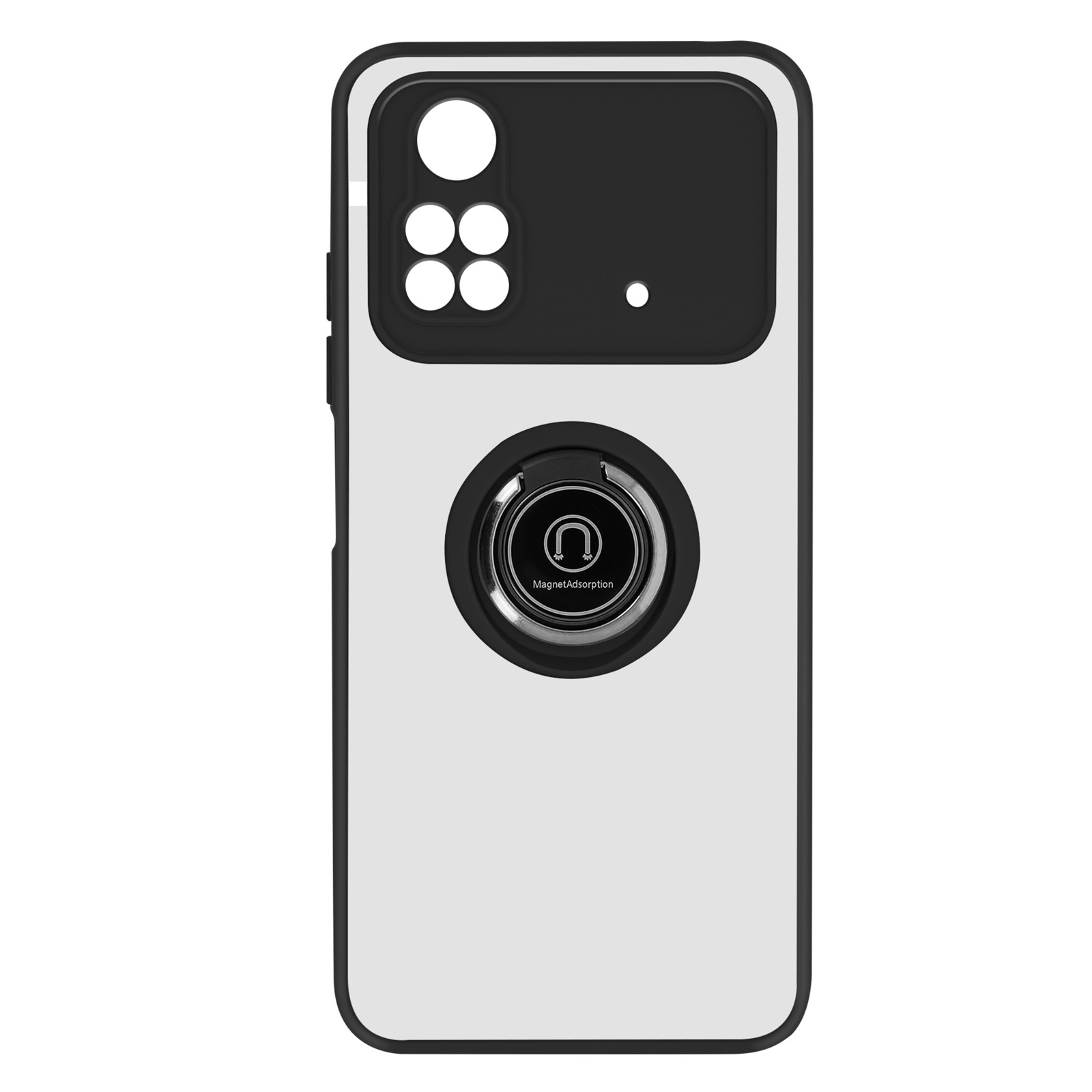 Custodia per telefono bianca e nera con supporto ad anello e ritagli per fotocamera.