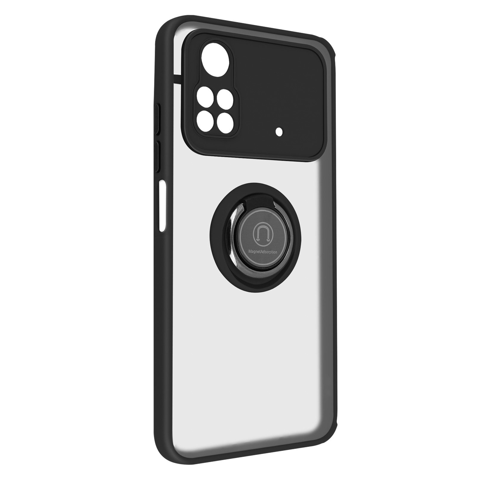 Custodia nera per telefono con supporto ad anello. Il telefono ha una parte posteriore trasparente.