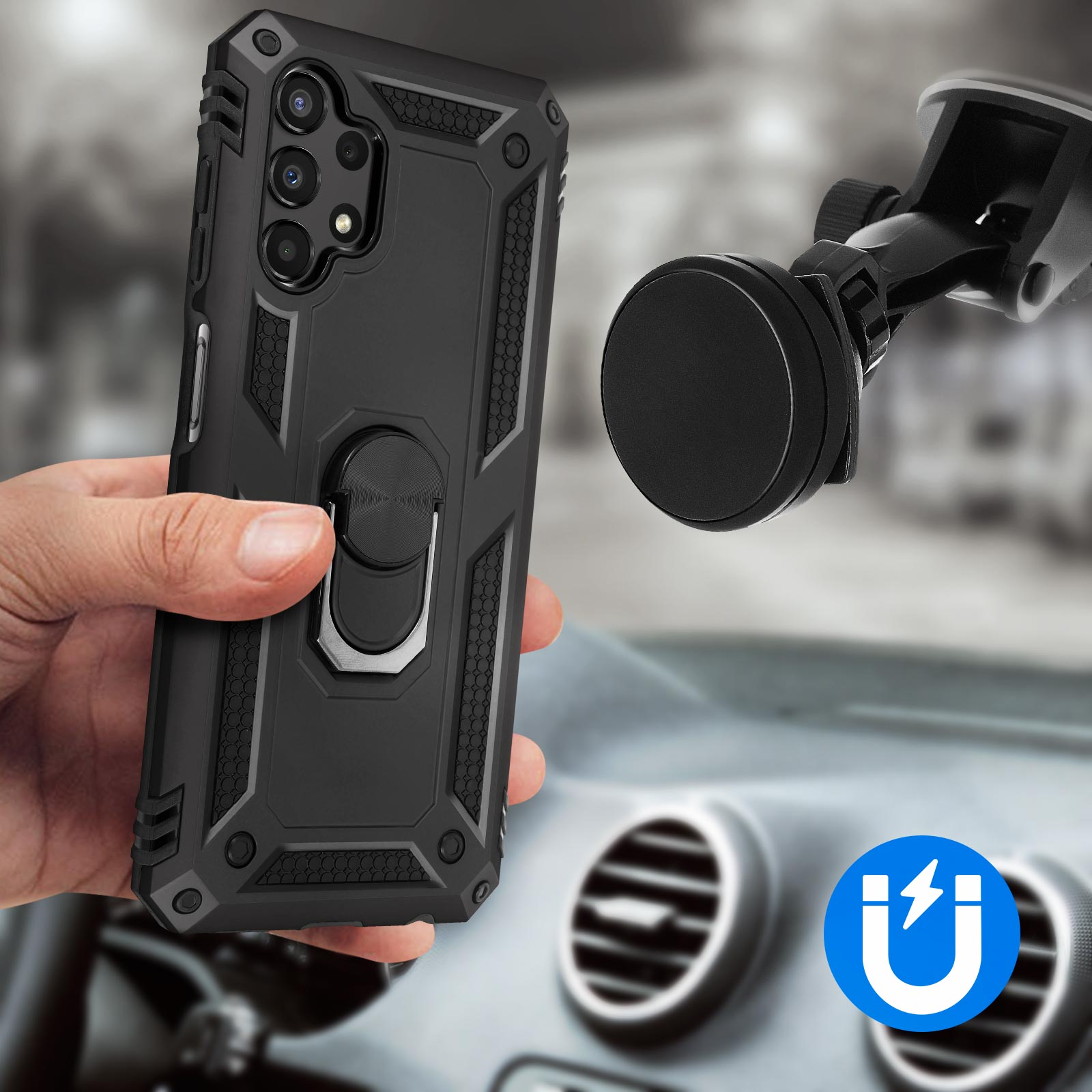 Zwarte telefoonhoes met een ringhouder en magnetische autohouder.
