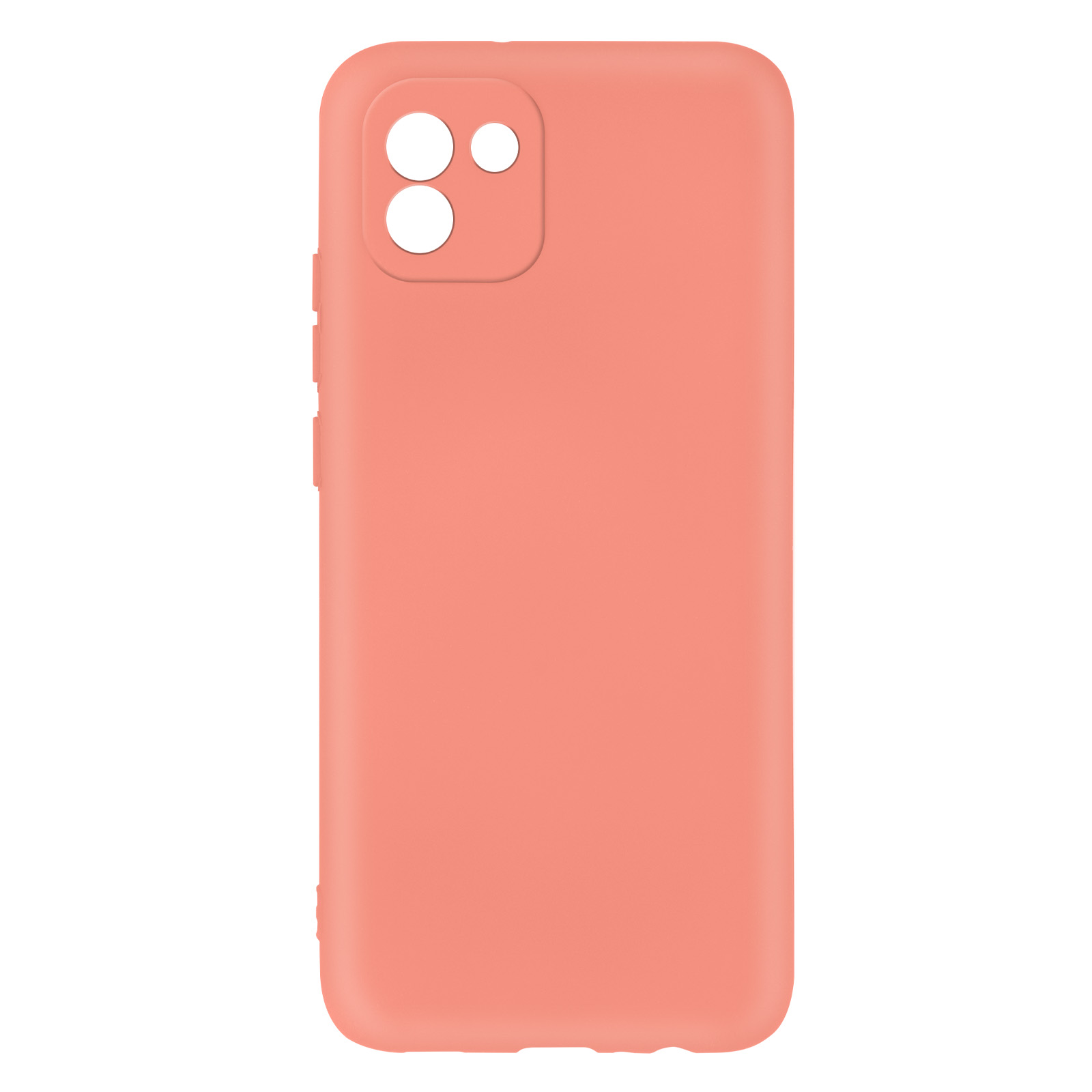 Koraalkleurige telefoonhoes met openingen voor de camera en andere telefoonfuncties.