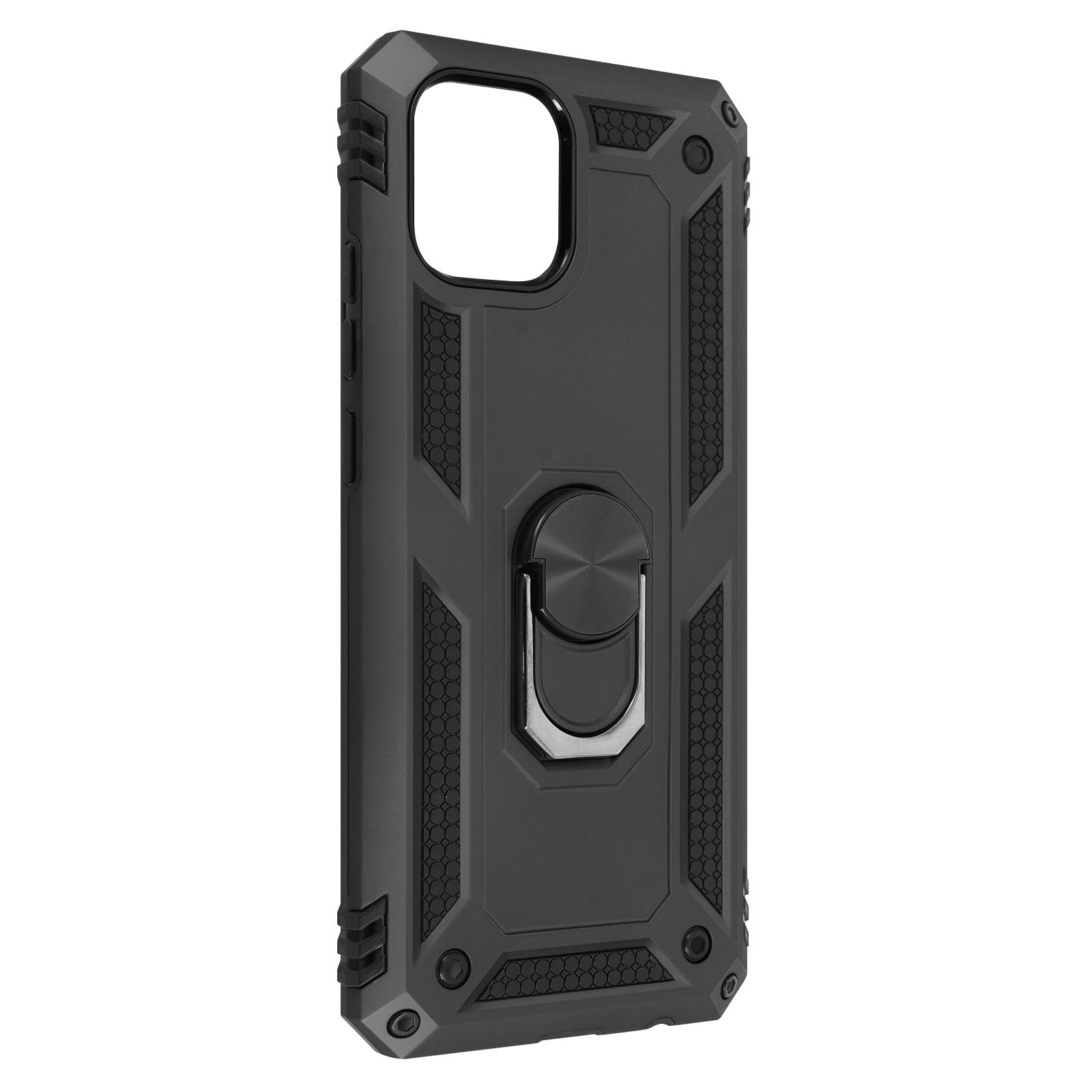 Schwarze Handyhülle mit Ringhalterung. Sie hat ein strukturiertes Design mit einem Kamera Loch.