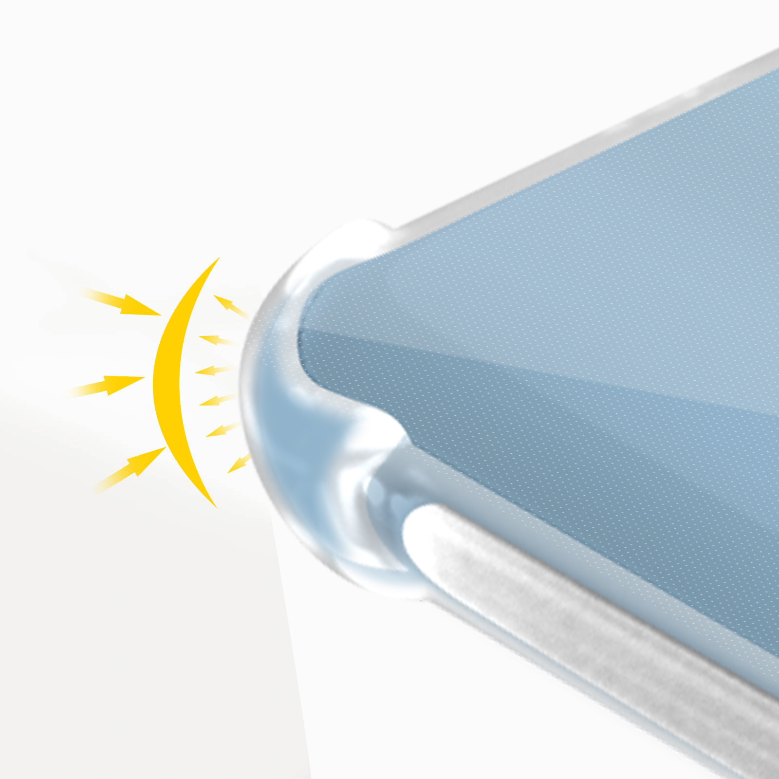 Un angolo della custodia del telefono con raggi di luce. Sfondo bianco. Frecce che puntano alla custodia.