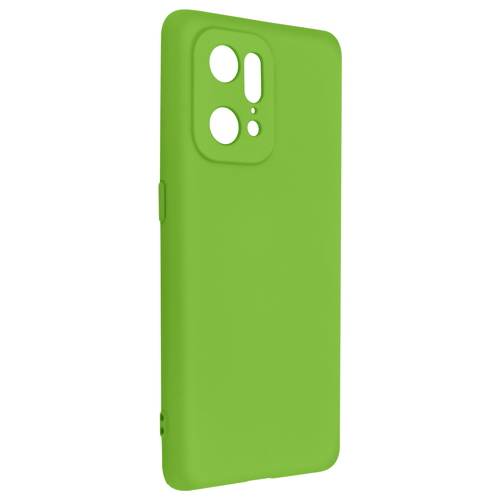 Una custodia per telefono verde brillante con ritagli per la fotocamera e i pulsanti. Sfondo semplice.