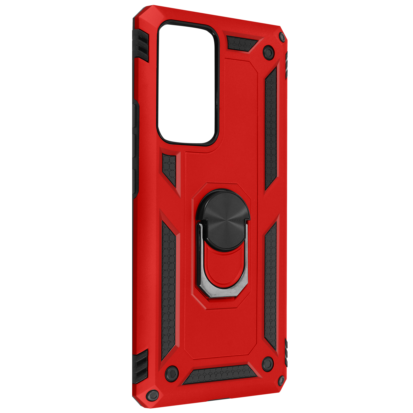 Custodia per telefono rossa con un supporto ad anello su una superficie bianca.