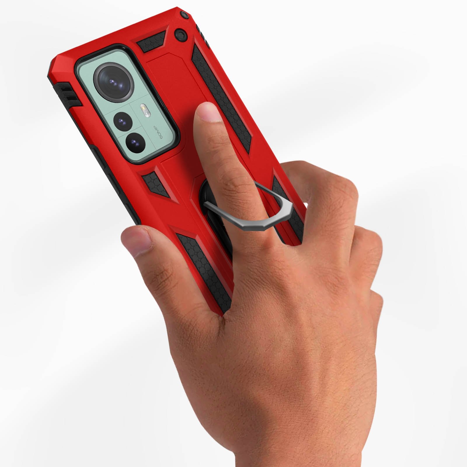 Una mano che tiene una custodia rossa con un porta anelli.