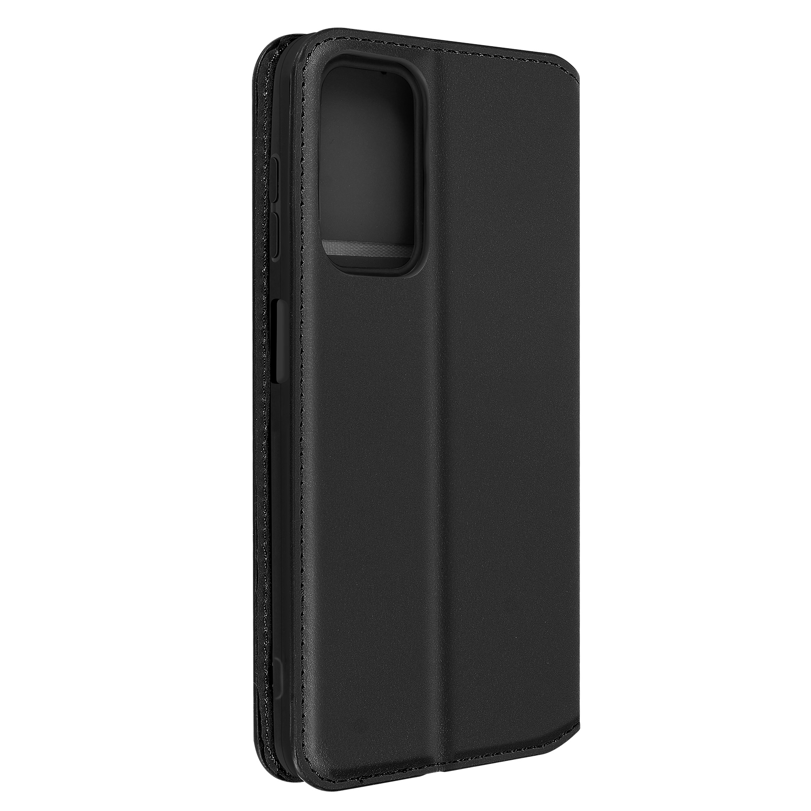 Custodia per telefono nera, chiusa, vista angolata. Superficie strutturata, bordi cuciti. Isolato su bianco, aspetto professionale.