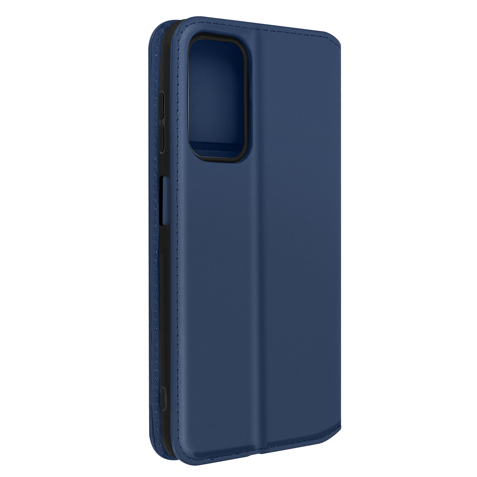 Una custodia per telefono in pelle blu, chiusa, che mostra il profilo laterale.