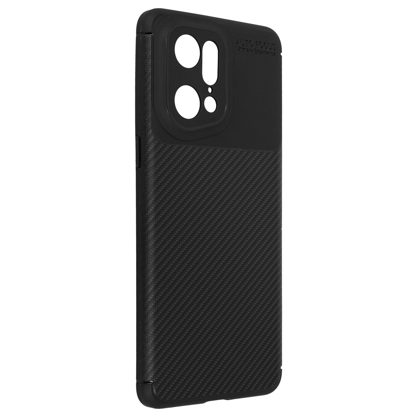 Una custodia per telefono nera con texture in fibra di carbonio e il testo "AUTO FOCUS".