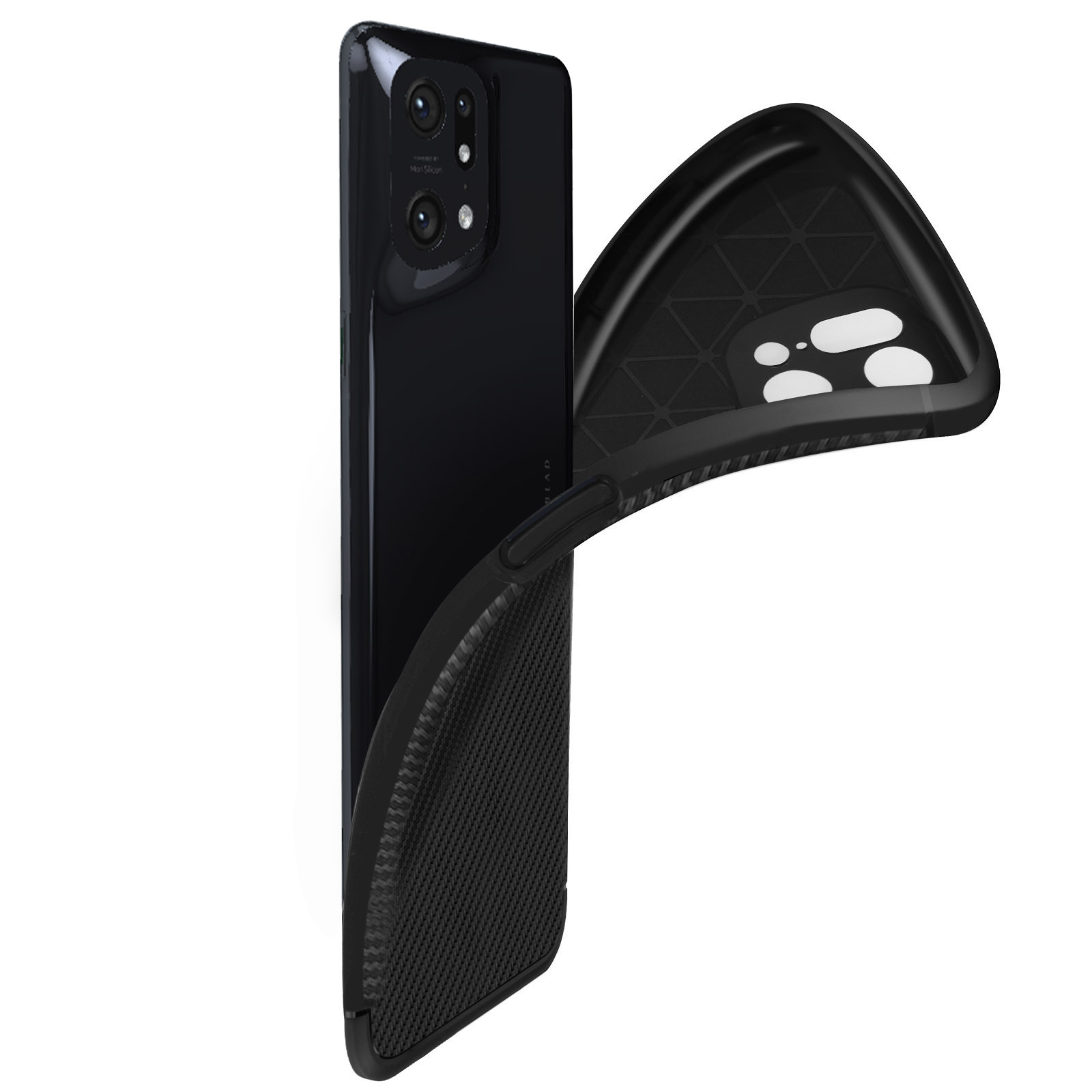 Telefono nero con una custodia trasparente. Si vede il retro del telefono.