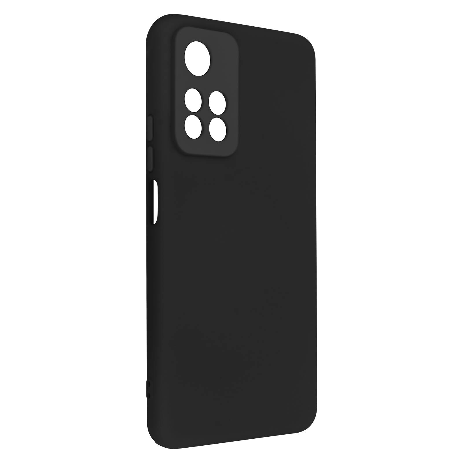 Custodia nera per telefono con più lenti della fotocamera. La custodia copre il retro del telefono. Colore nero pieno.