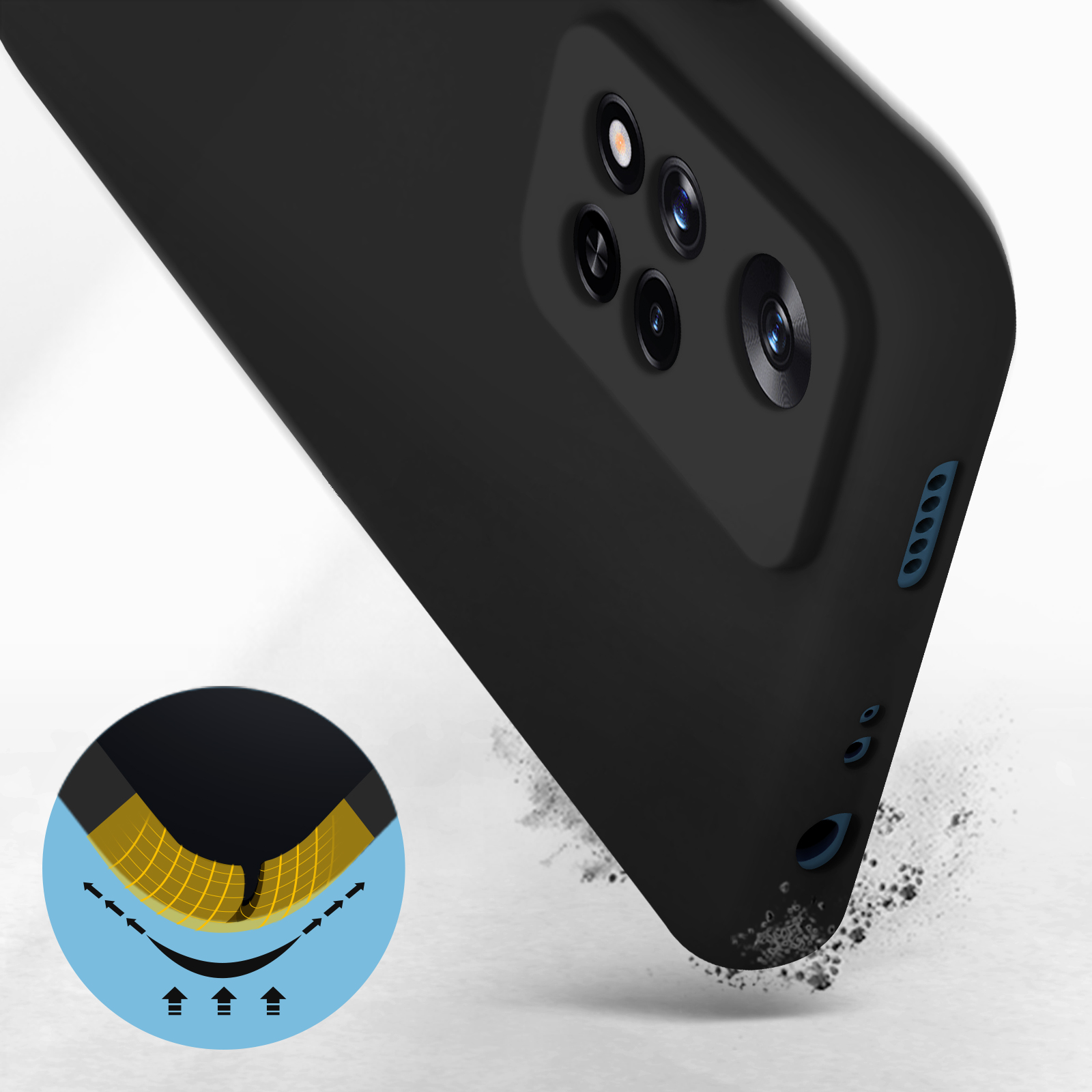 Una custodia nera per telefono con fotocamere e un design protettivo.