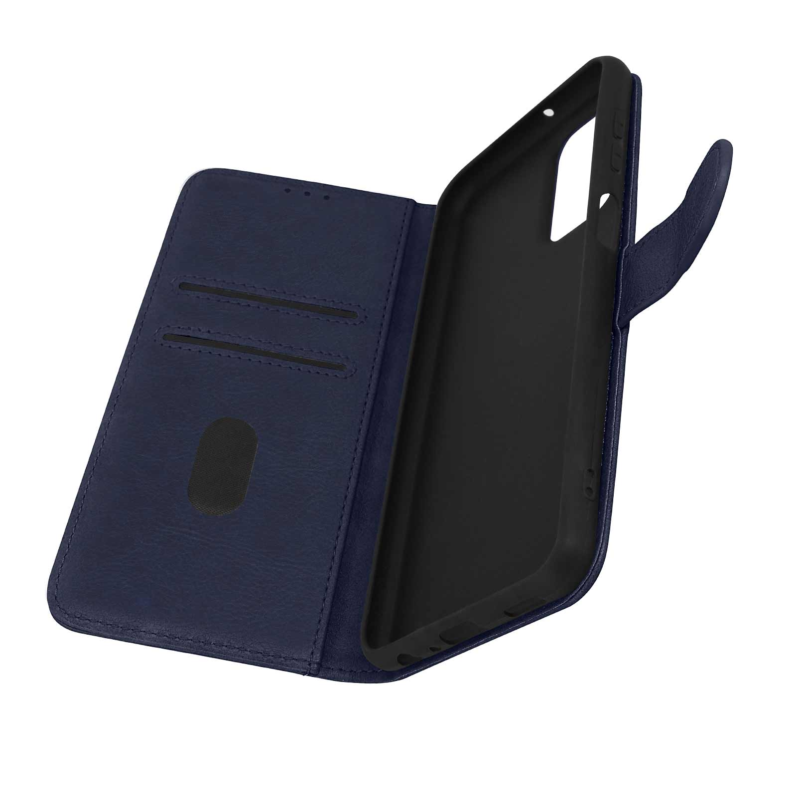 Custodia a portafoglio in pelle blu, aperta, con fessure per carte e supporto per telefono.