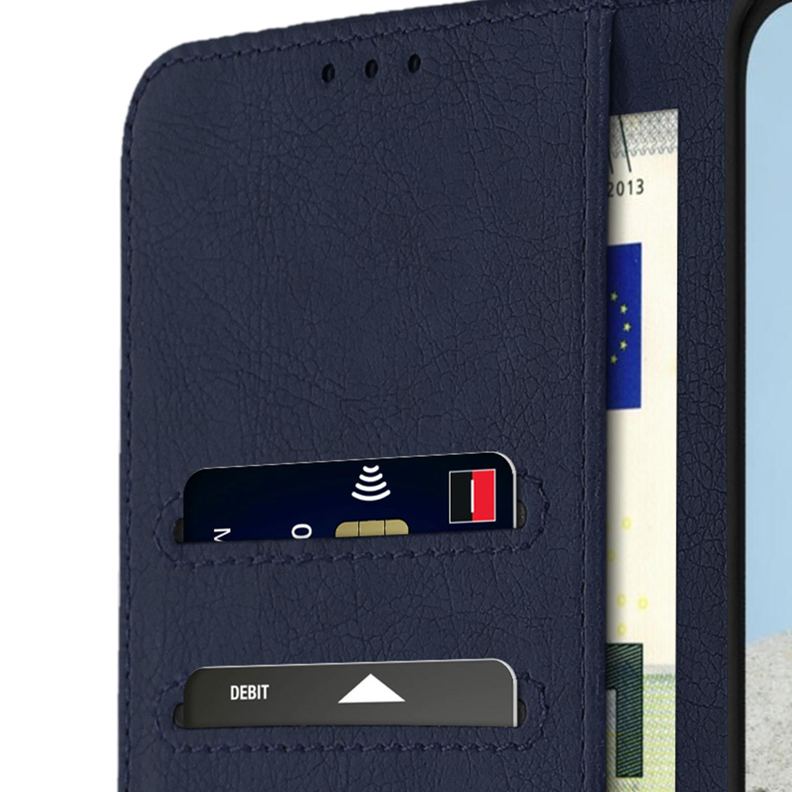 Portafoglio blu aperto con fessure per carte, carta di debito e schermo.