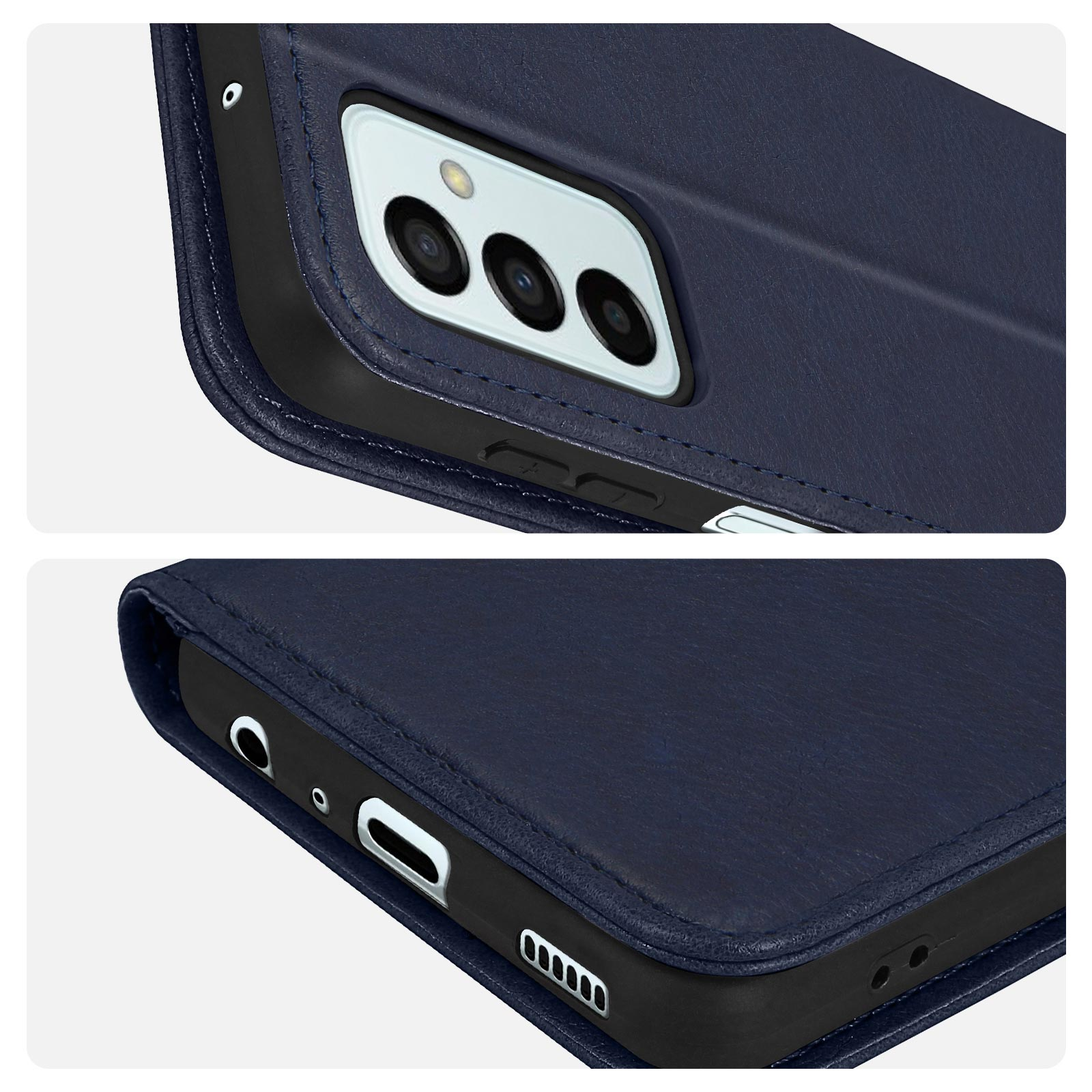 Primo piano di una custodia blu per telefono con lenti della fotocamera e pulsanti. È simile alla pelle.