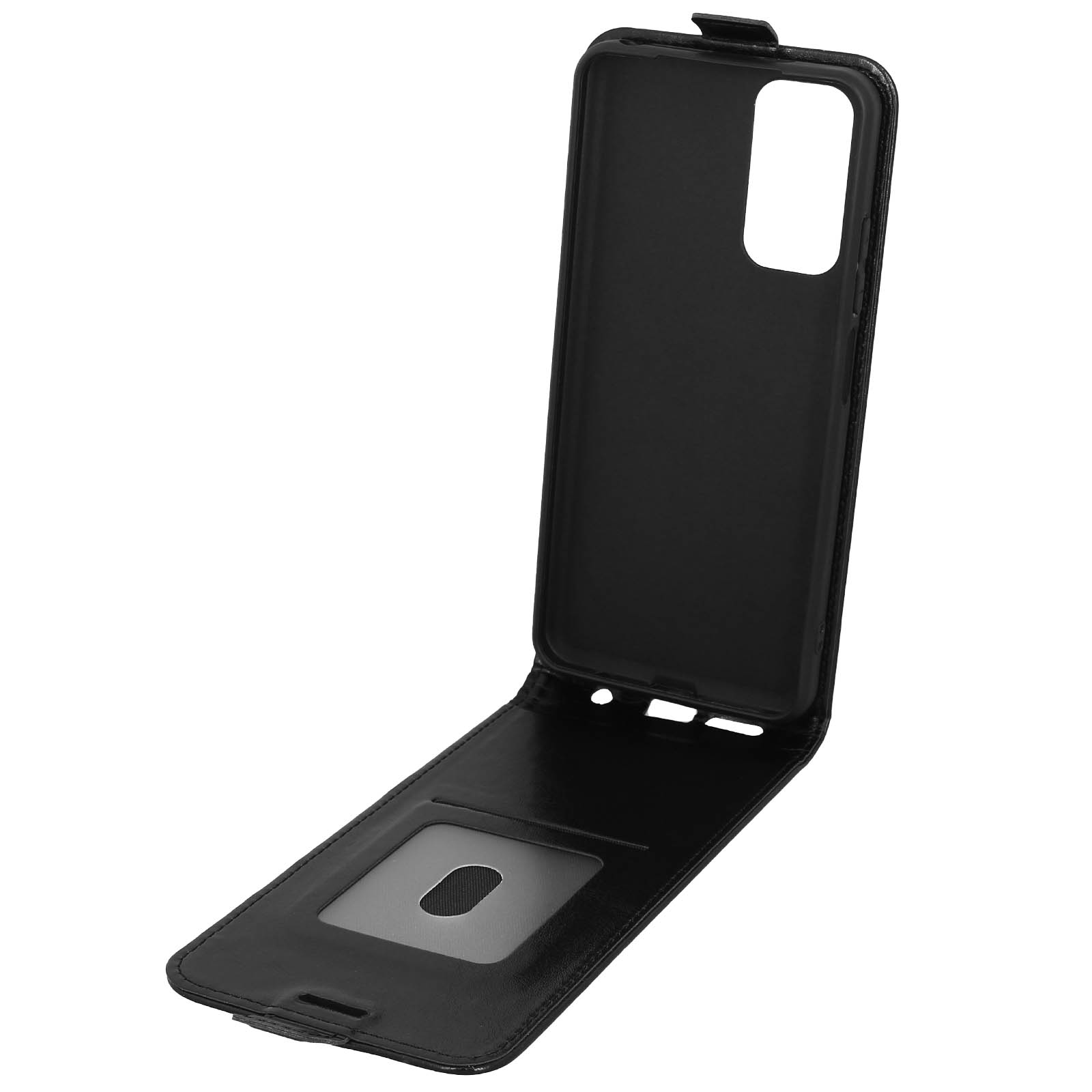 Una custodia nera per telefono aperta, con una finestra visibile. La custodia è un design a ribalta.