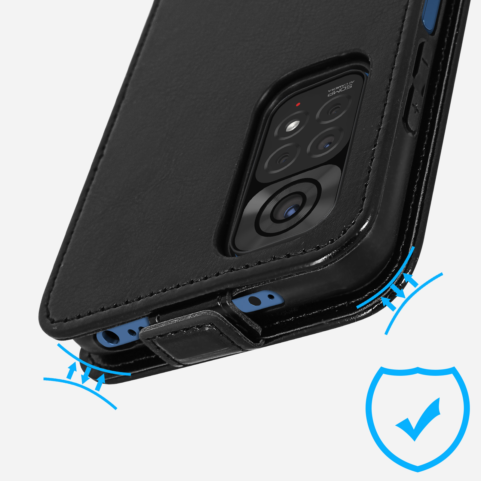 Primo piano di una custodia per telefono nera con la custodia aperta. Sono visibili frecce e uno scudo con un segno di spunta.