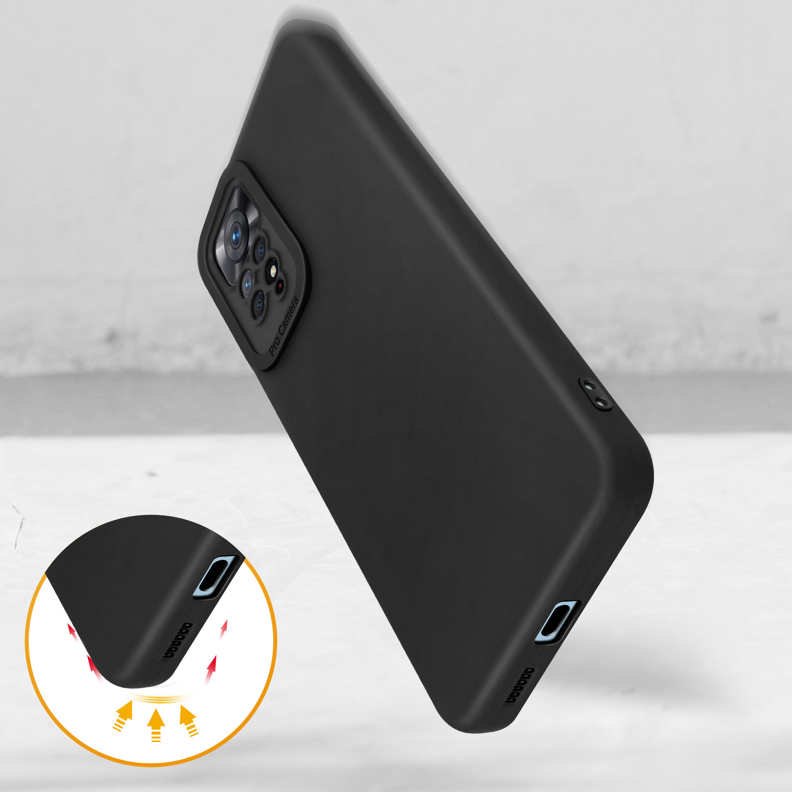 Coque de téléphone noire avec caméra, gros plan du diagramme de protection contre les chocs.