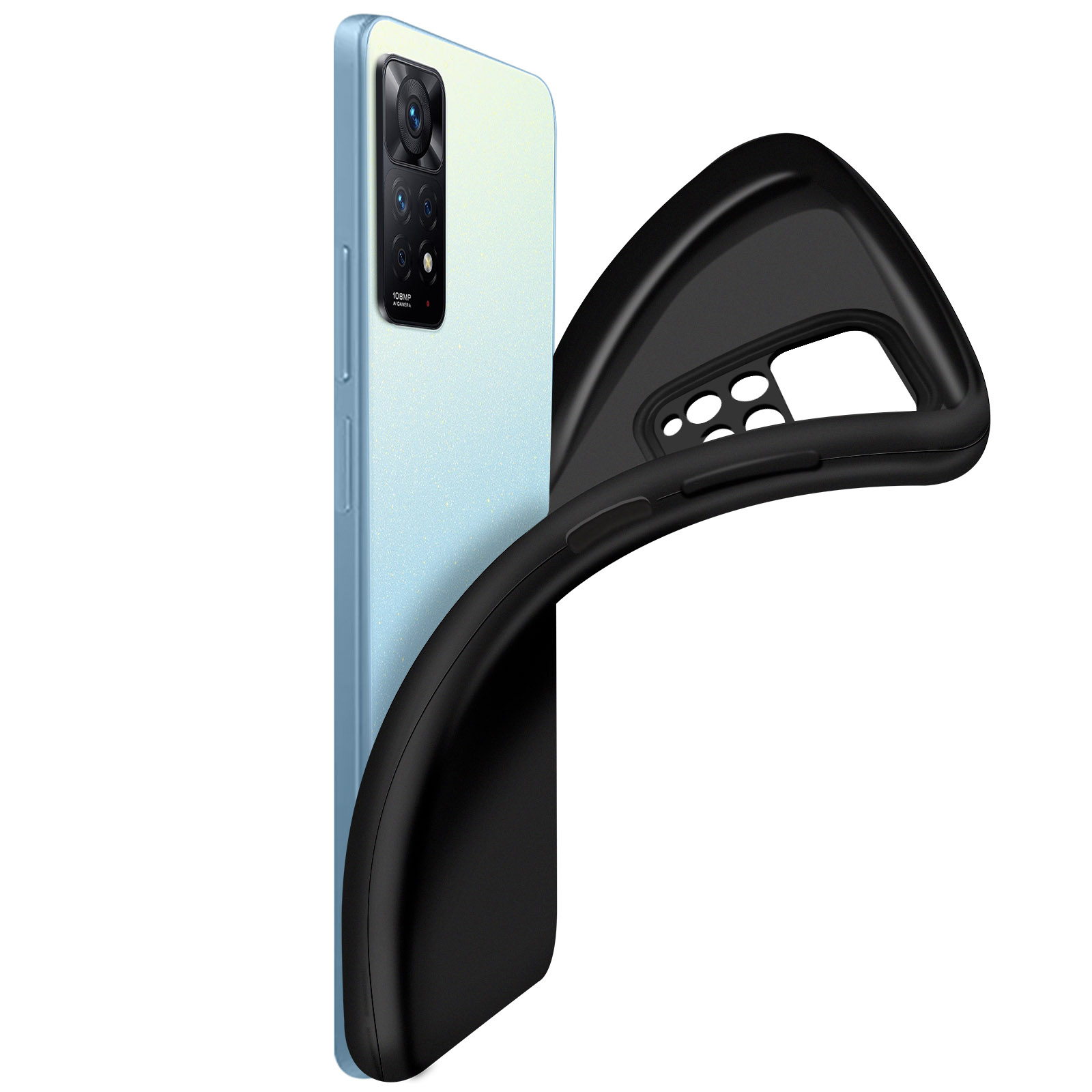Un téléphone avec une coque noire. L'arrière est bleu clair, la coque est noire sur le côté.