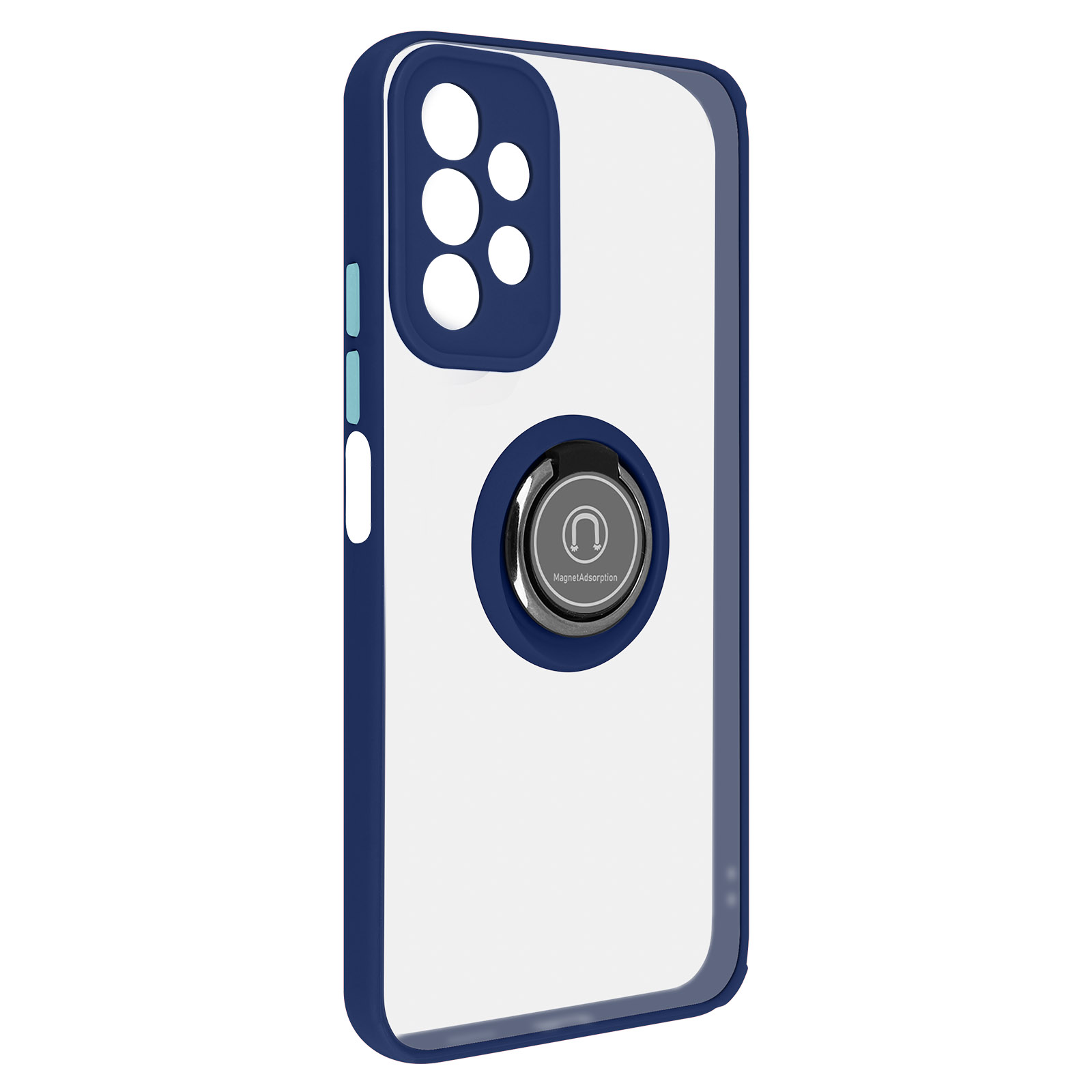 Een telefoonhoesje met een ringhouder. De hoes is blauw met een doorzichtige achterkant.