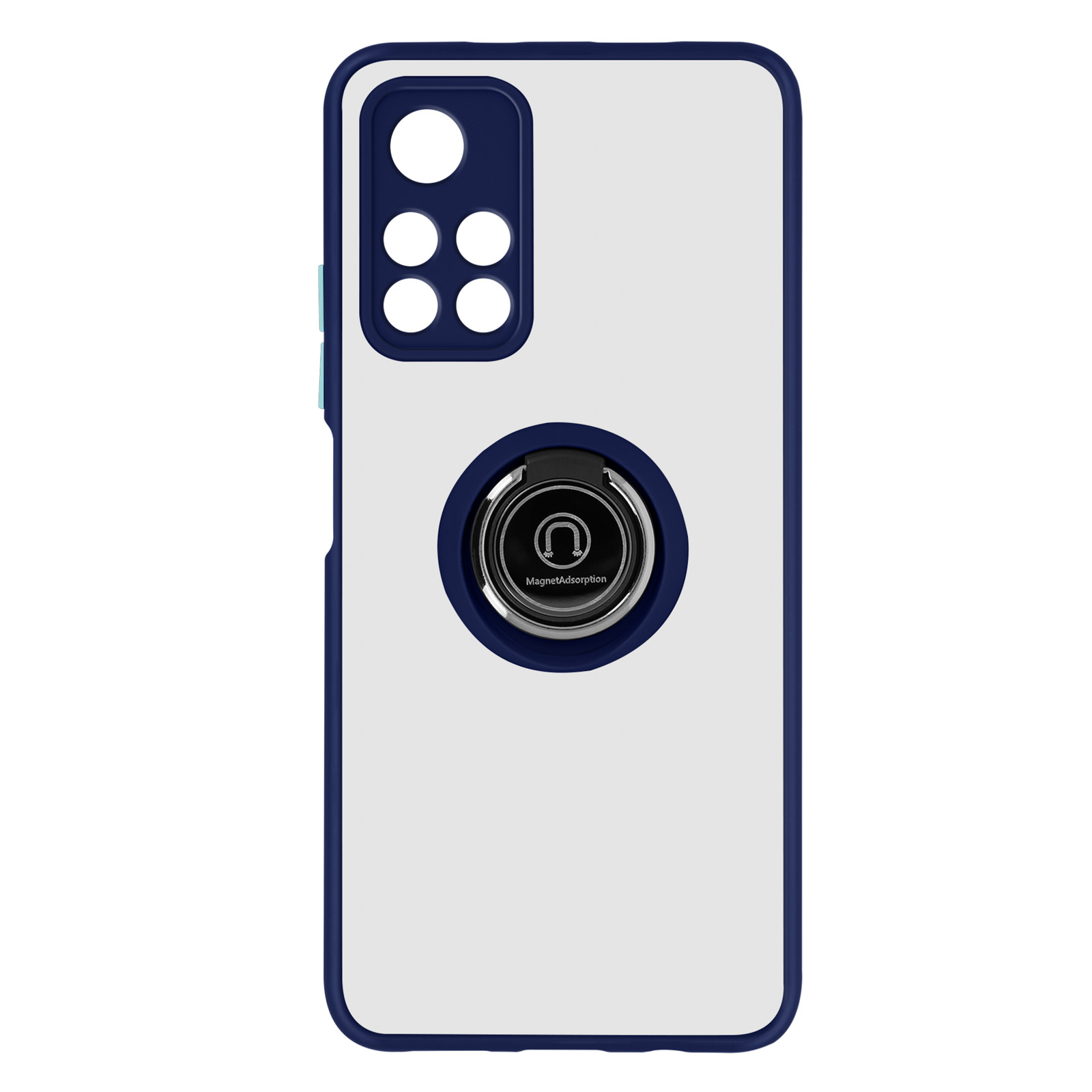 Coque de téléphone blanche avec bordure bleu marine, support d'anneau et découpe caméra.