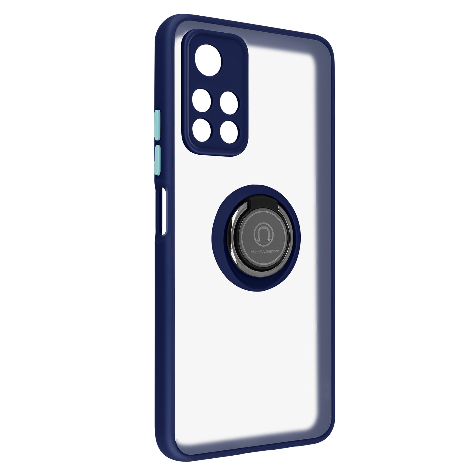 Une coque de téléphone avec un cadre bleu et un dos transparent. Un support de bague est fixé à l'arrière.